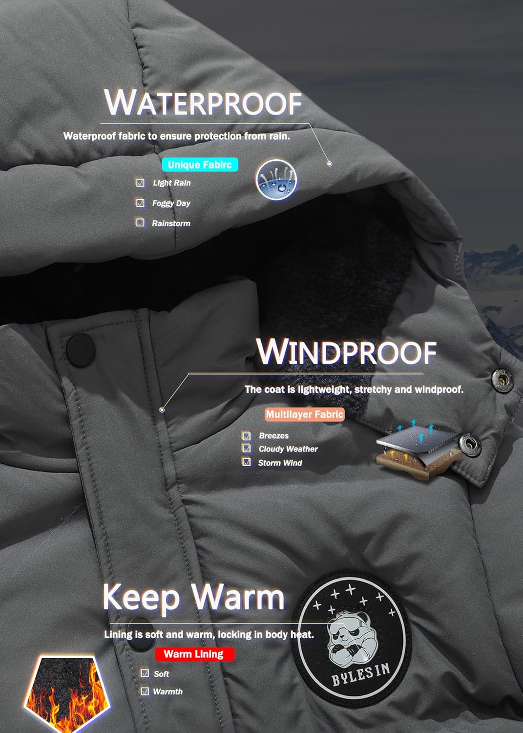 Kids Boy's Waterproof Puffer Cotton Jacket Warm Fleece Lined Down Coat Thick Hooded Winter Coat - Image 5