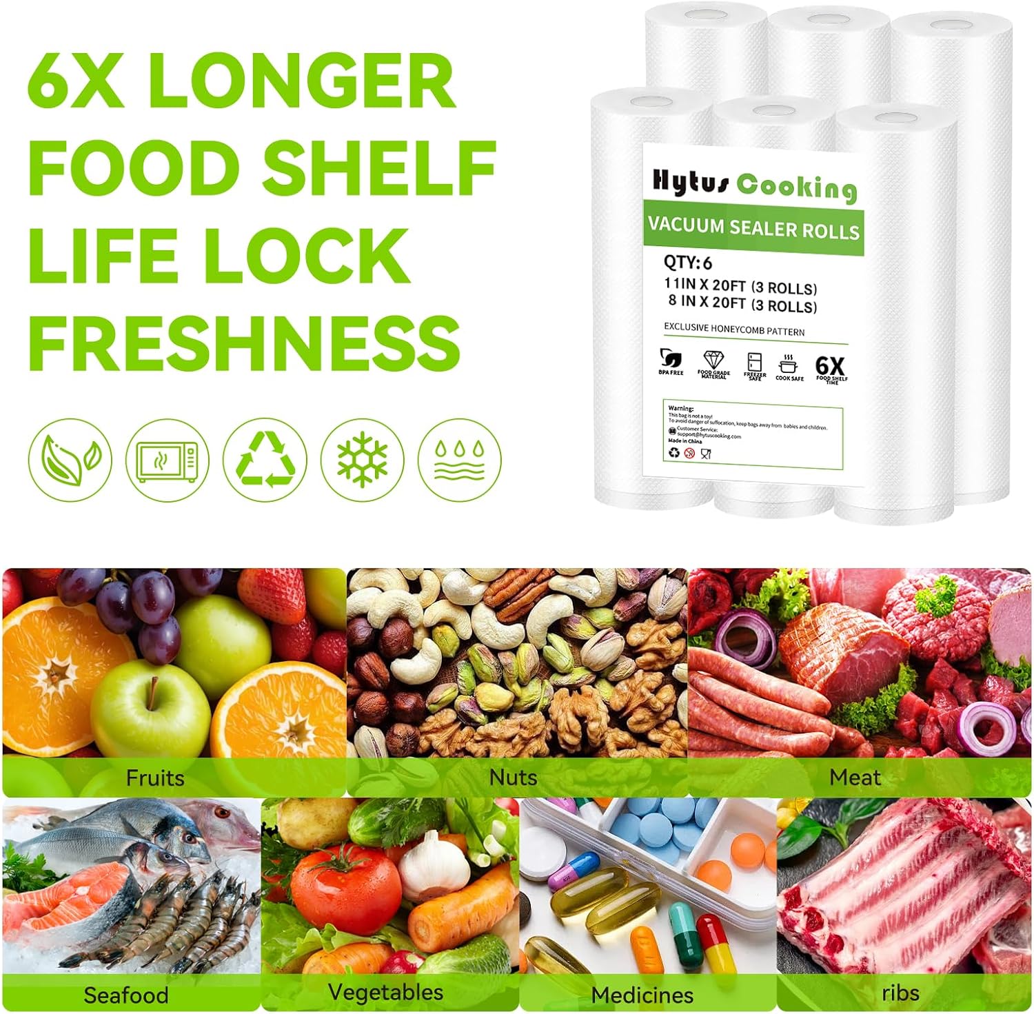 HytusCooking [6 Pack] Vacuum Sealer Bags Rolls, 3 Rolls 11" x 20' & 3 Rolls 8" x 20', Heavy Duty Multi-Layer Commercial Grade Food Storage Bags for Sous Vide, Meal Prep [BPA-Free]