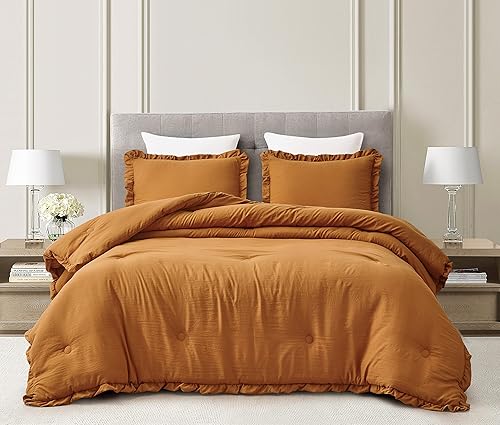 Vista 23 de Chezmoi Collection Nora - Juego de edredón de 3 piezas, color marfil, esponjoso, suave, lavado a la piedra, con volantes, ropa de cama Shabby Chic