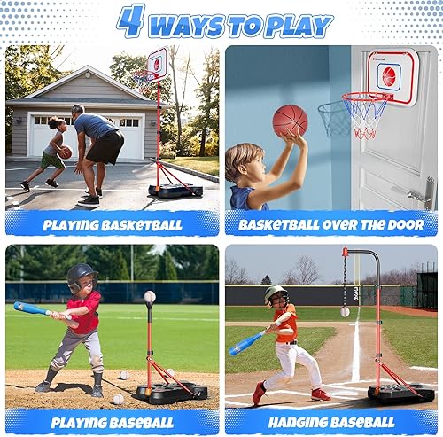 Miniatura 2 de HopeRock Juego de aro de baloncesto 2 en 1 y pelota en T para niños, soporte de pelota ajustable, camiseta colgante de béisbol para niños y niñas de