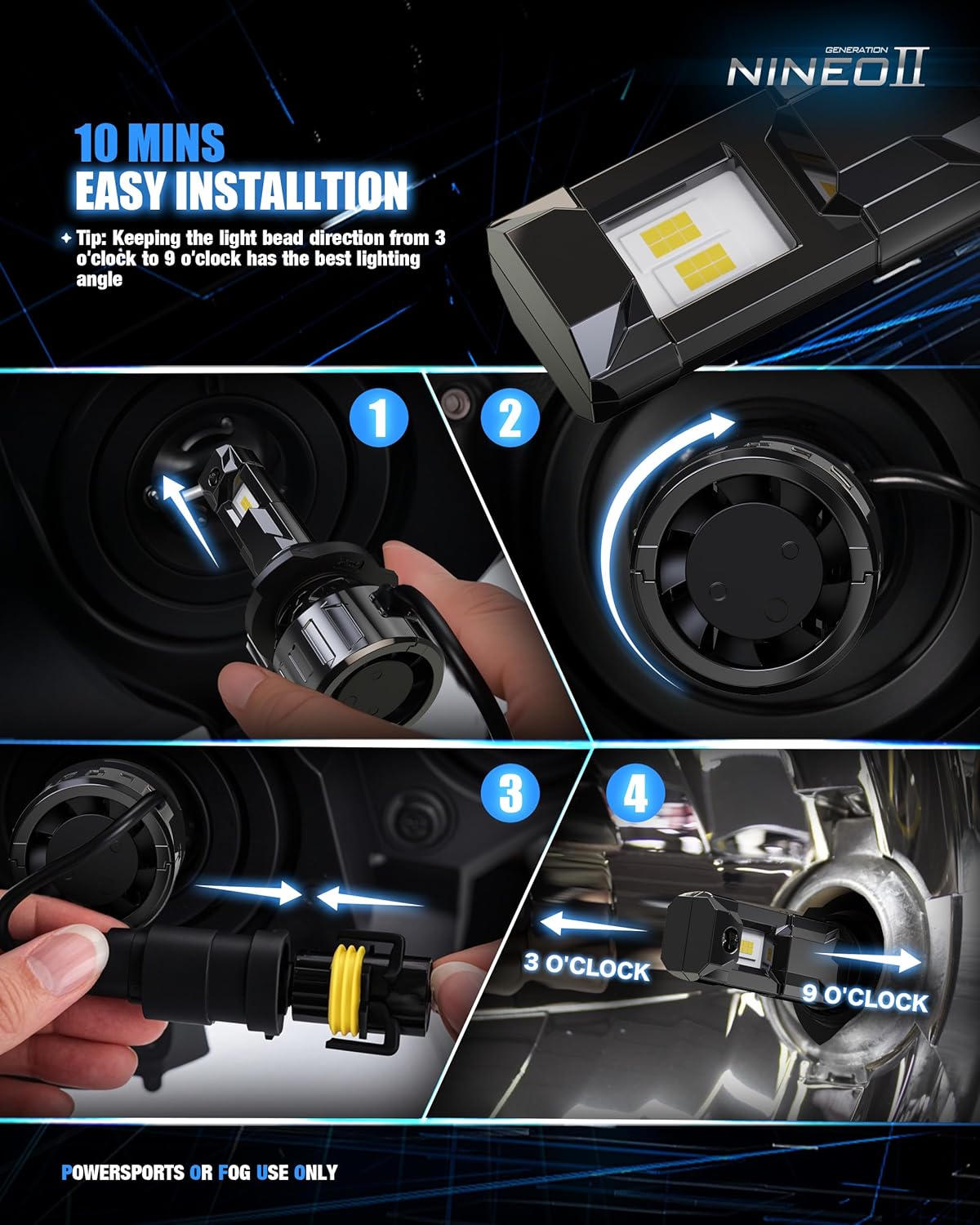 NINEO H13 Bulbs, H13/9008 Fog Lights, [2025 Upgrade] 600% Brighter 6500K White, Fan-Cooled, No Flicker, Plug & Play, Driving or Fog Light, 2 Pack