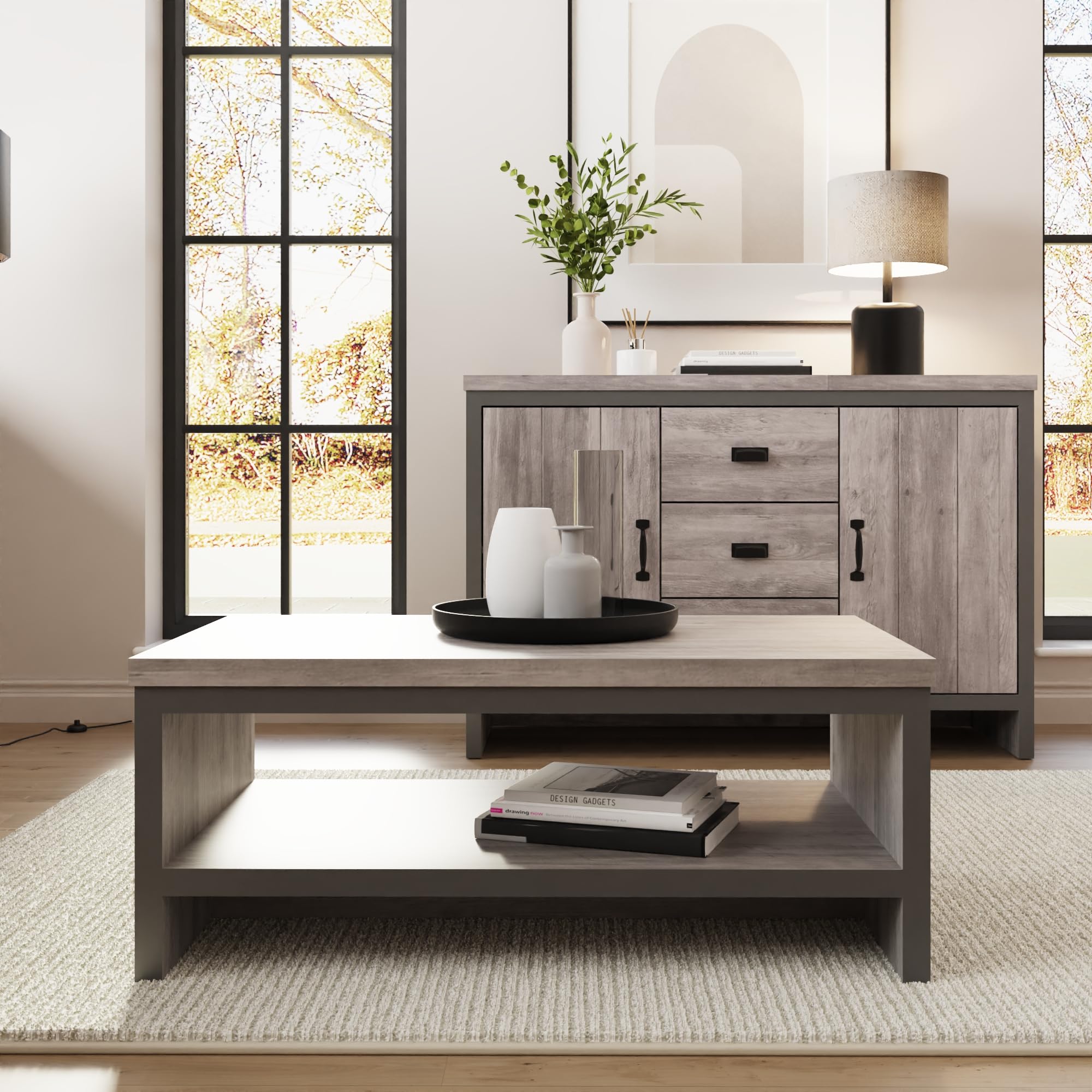 GFW Boston Grey Wood Effect Coffee Table with Shelf, Industrial Style Coffee Table with Storage Shelf, Modern Living Room Furniture