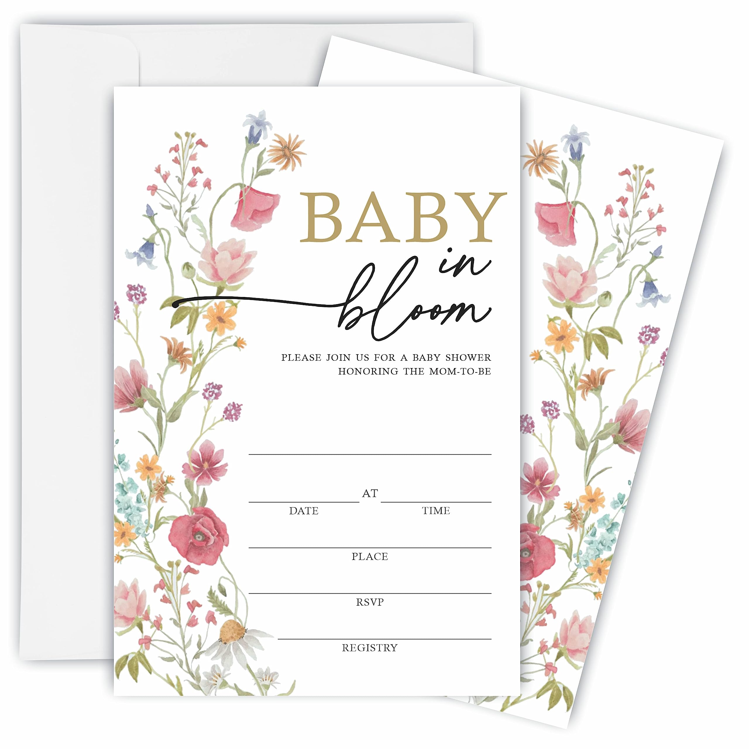 TPYEN Floral Baby Shower Invitations, Boho Wild Flower Baby Shower Fill-In Invitation Cards With Envelopes - Gender Reveal Party Decorations &