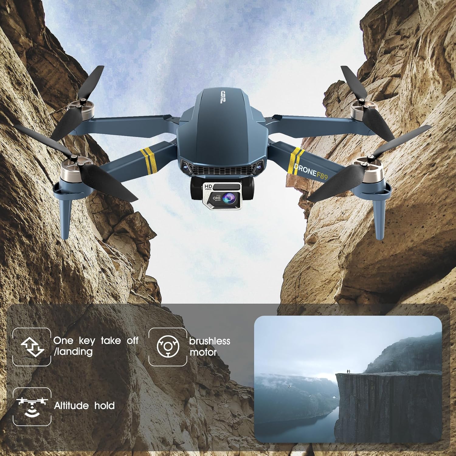 CHUBORY F89 drone flying over a scenic landscape, highlighting one-key take-off/landing, brushless motor, and altitude hold features.