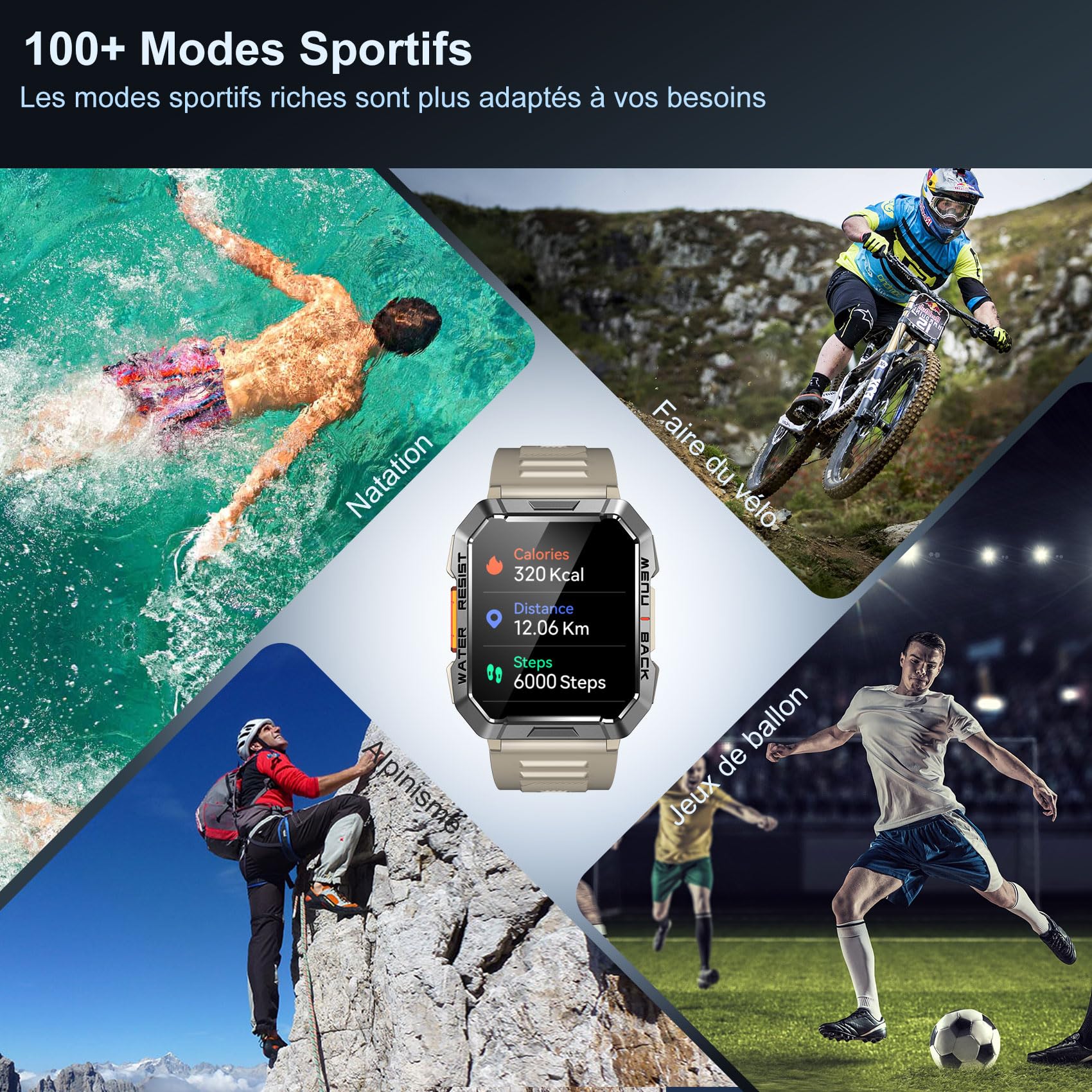 Blackview W60 Montre Connectée Homme, Fonction Ilumination, Double Bracelets, Écran 1.39" TFT, Cardiofréquence/SPO2 à 24 Heures, Analyse Sommeil, 100 Modes de Sport, pour Android/iOS (Kakhi)