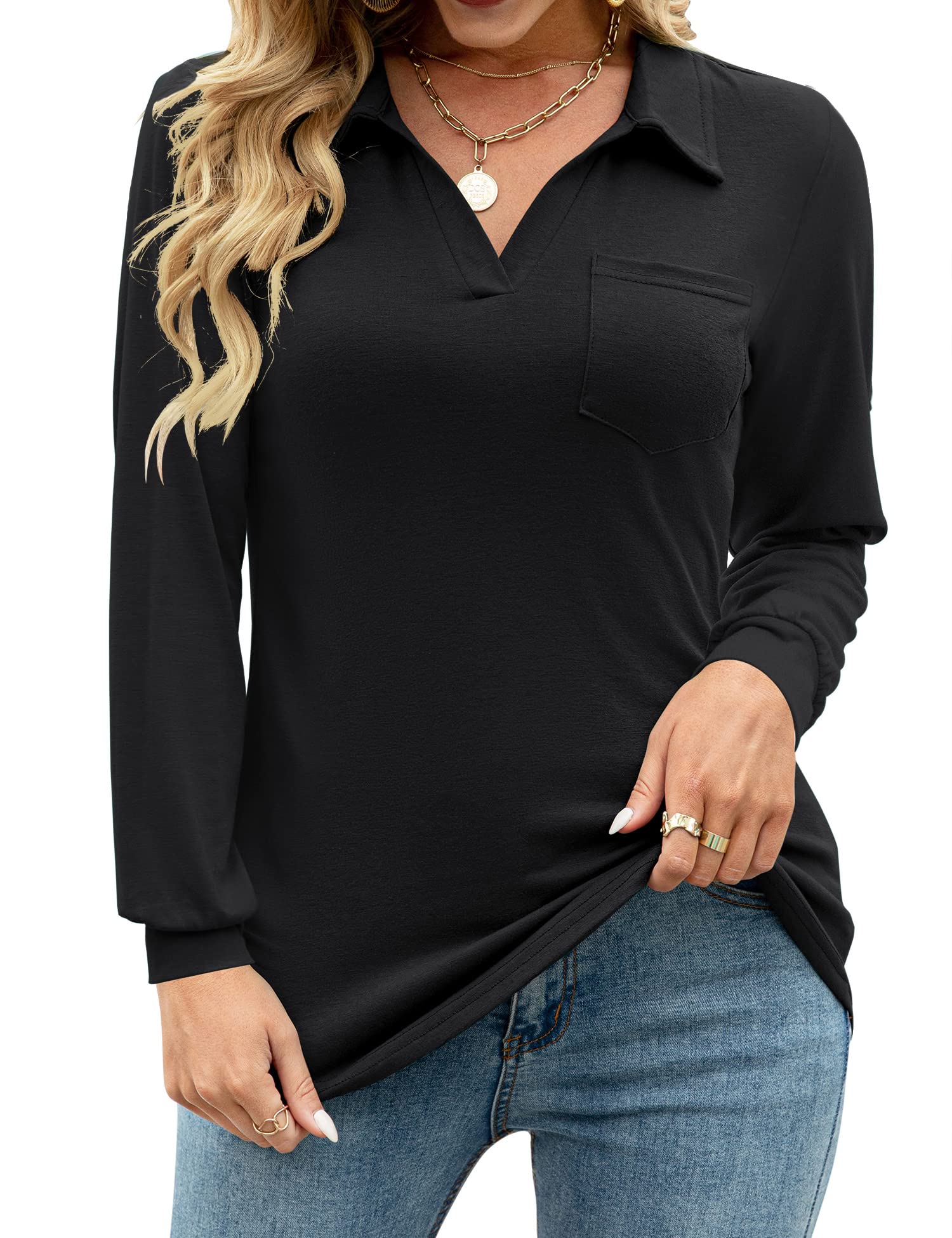 Womens V Neck Polo Shirts Short Sleeve Collared Tops Loose Casual Tunic Blouses with Pocket