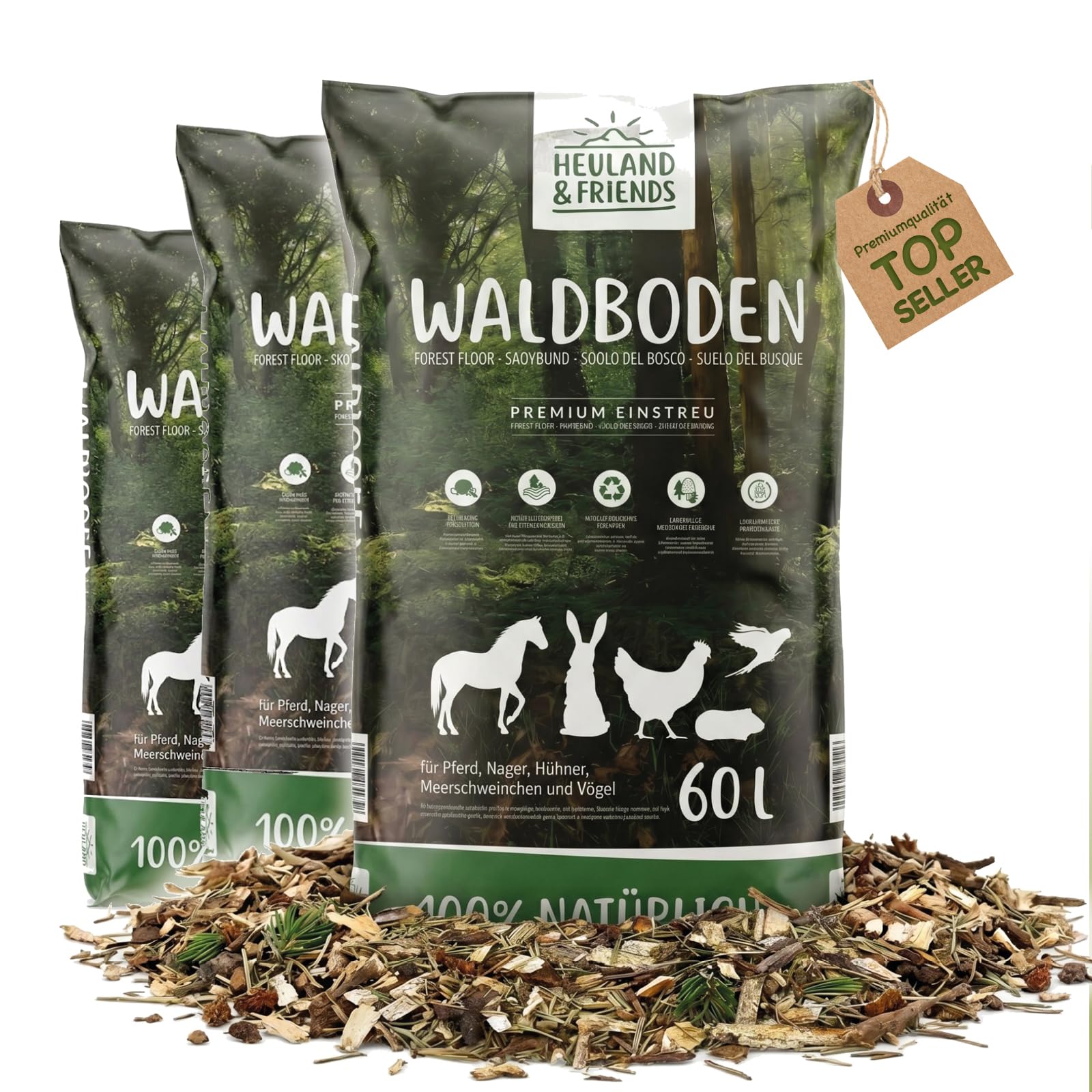 Waldboden-Einstreu 3X 60 L – natürliches Einstreu mit Tannen & Fichtennadeln – extrem saugstark & geruchsbindend – für Kaninchen, Meerschweinchen, Hühner & Nager