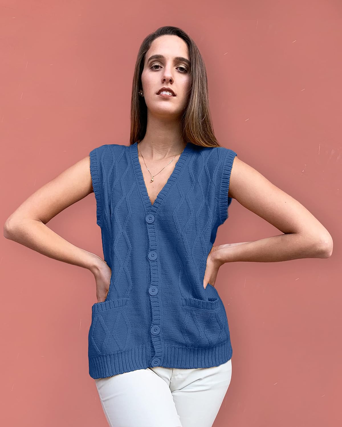 TINKUY Peru Women’s Alpaca Wool V Neck Argyle Cardigan Vest S-4XL - Image 3