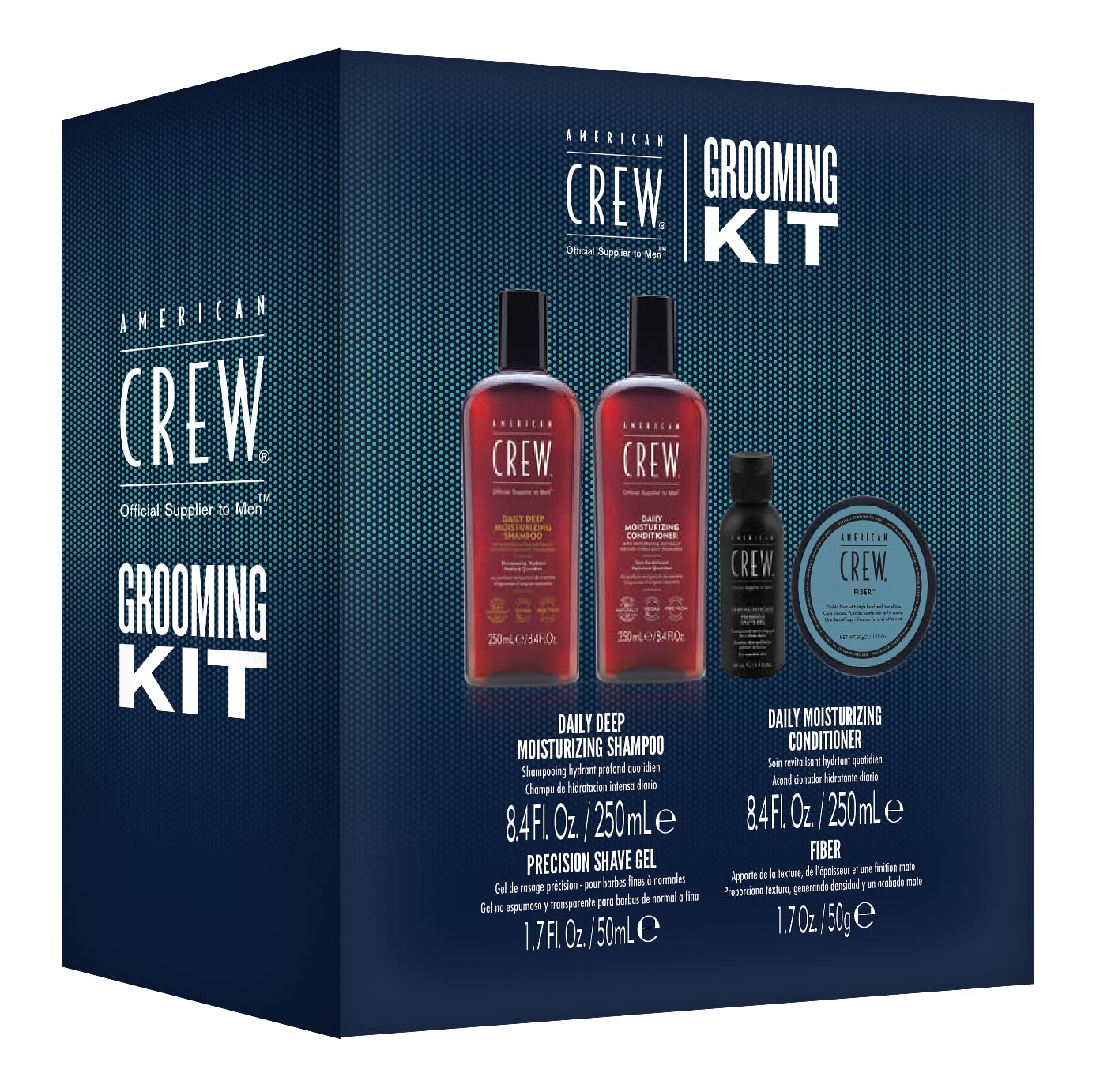 AMERICAN CREW Grooming Set for Men: Daily Deep Moisturising Shampoo (250ml), Daily Moisture Conditioner (250ml), Precision Shave Gel (50ml) & Fibre Hair Wax for Strong Hold (50g)