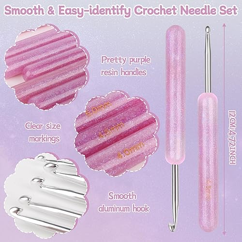 Miniatura 2 de Coopay Juego de 9 ganchos de ganchillo morados, juego de 9 agujas de ganchillo de aluminio liso con mango cómodo, gancho de ganchillo ligero para