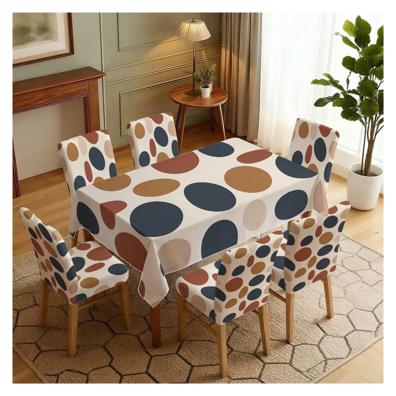BOSUYBN Boho Neutral Earth Tone Oval Geometric Dining Tablecloth & Chair Covers Set, 5/7 Piece Mid Century Modern Minimal Dining Room Home Decor Table Setting(7pcs Set: Tablecloth+Chair Covers)