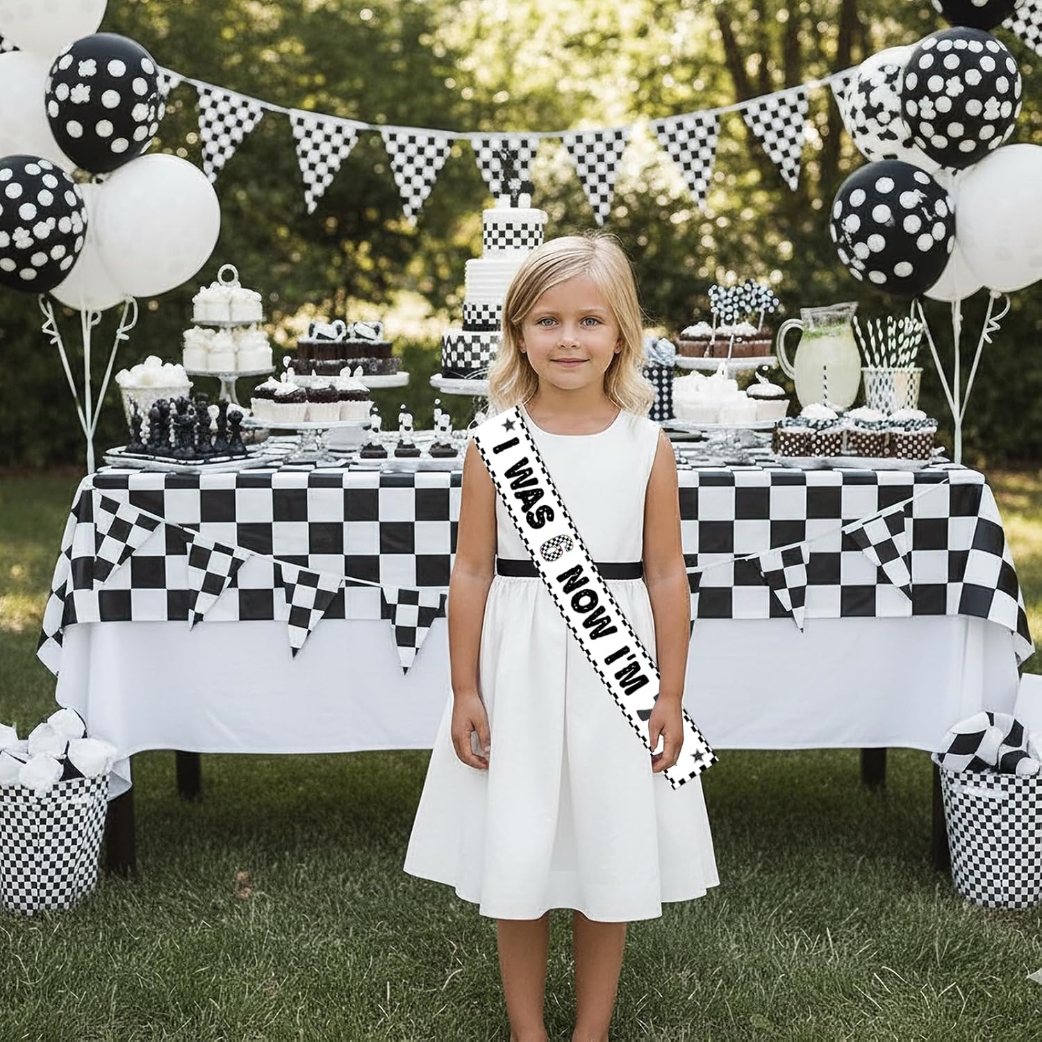 Black and White Grid Theme Birthday Party Decorations,I was 6 Now I'm 7 Party Sash Sweet Sassy and 7 Birthday Party Decoration Sash Donut 7th Bday Theme Favors for 7 Years Old Bday