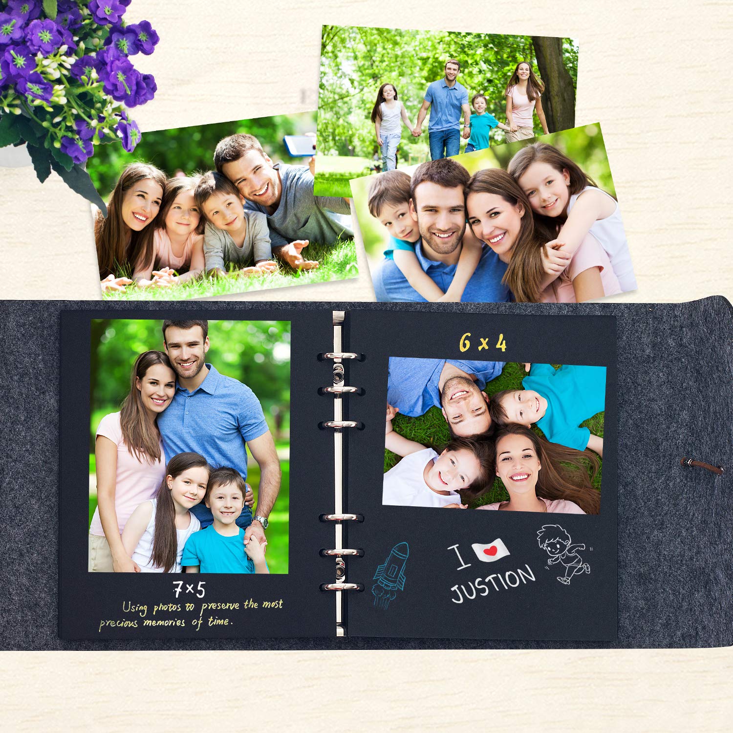 Album fotografico da personalizzare, Leenou Vintage in feltro Scrapbook Album Nero pagine Fotografico da incollare album fotografici, San Valentino, grigio, prodotti in feltro (19.5 x 18 cm