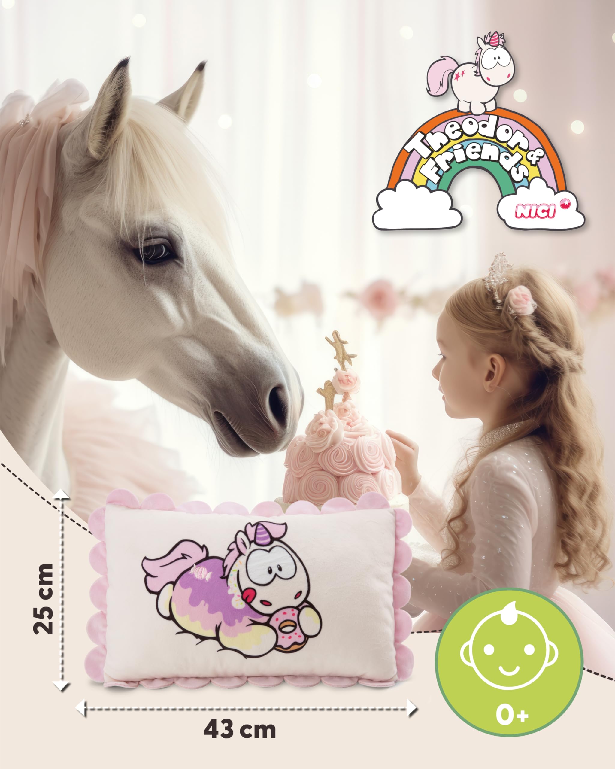 NICI Kissen Einhorn Sweety Rainbow 43x25cm - Weiss - Flauschiges Kuscheltierkissen für Jungen, Mädchen, Babys und Kuscheltierliebhaber, ideal für Zuhause, Kindergarten oder unterwegs | 61917