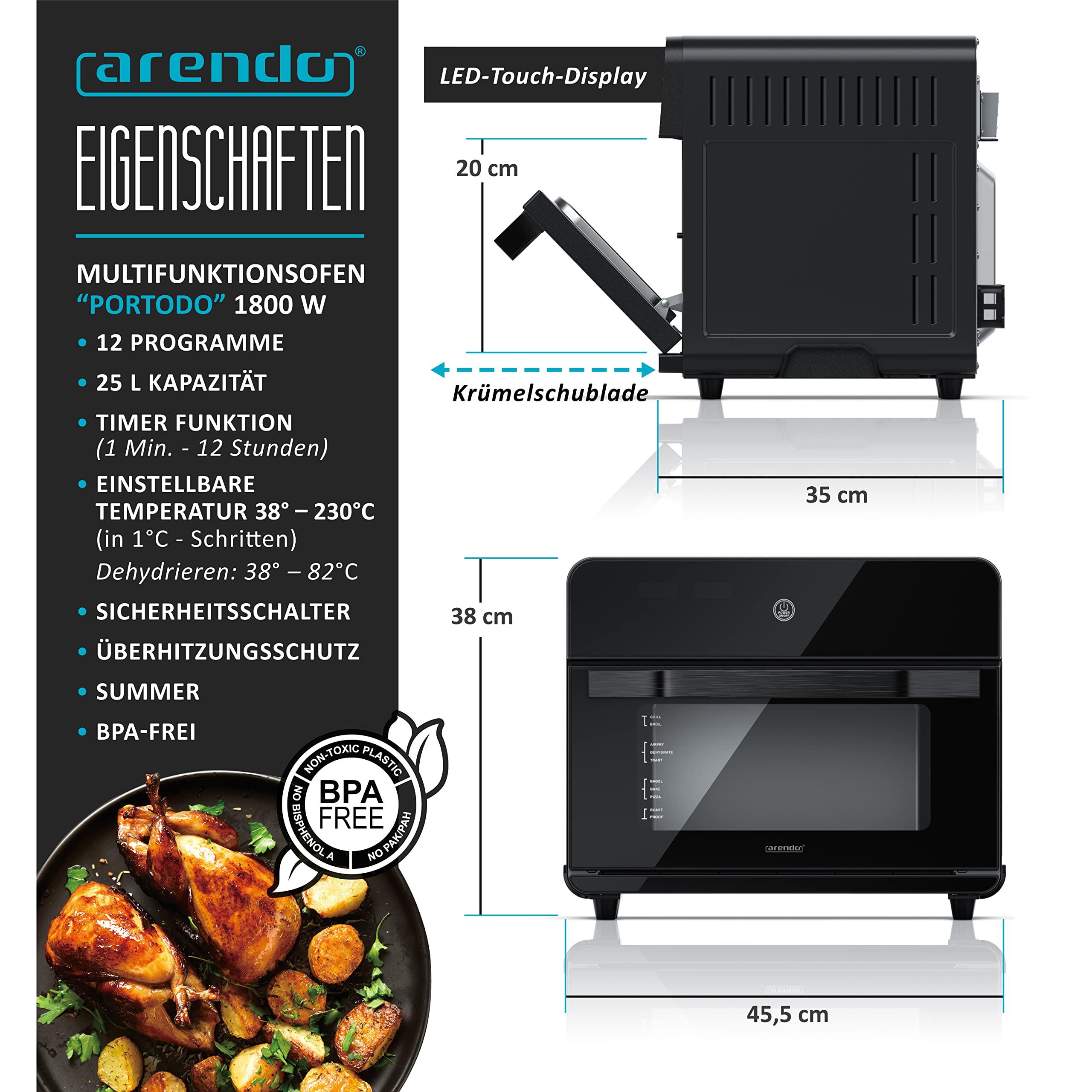 Arendo - Heißluftfritteuse 25 Liter Edelstahl - Multifunktionsofen - mini Backofen - Aerofryer - 1800 Watt - Inkl. Backblech, Dörrblech, Ofenrost, Frittierkorb - BPA-frei