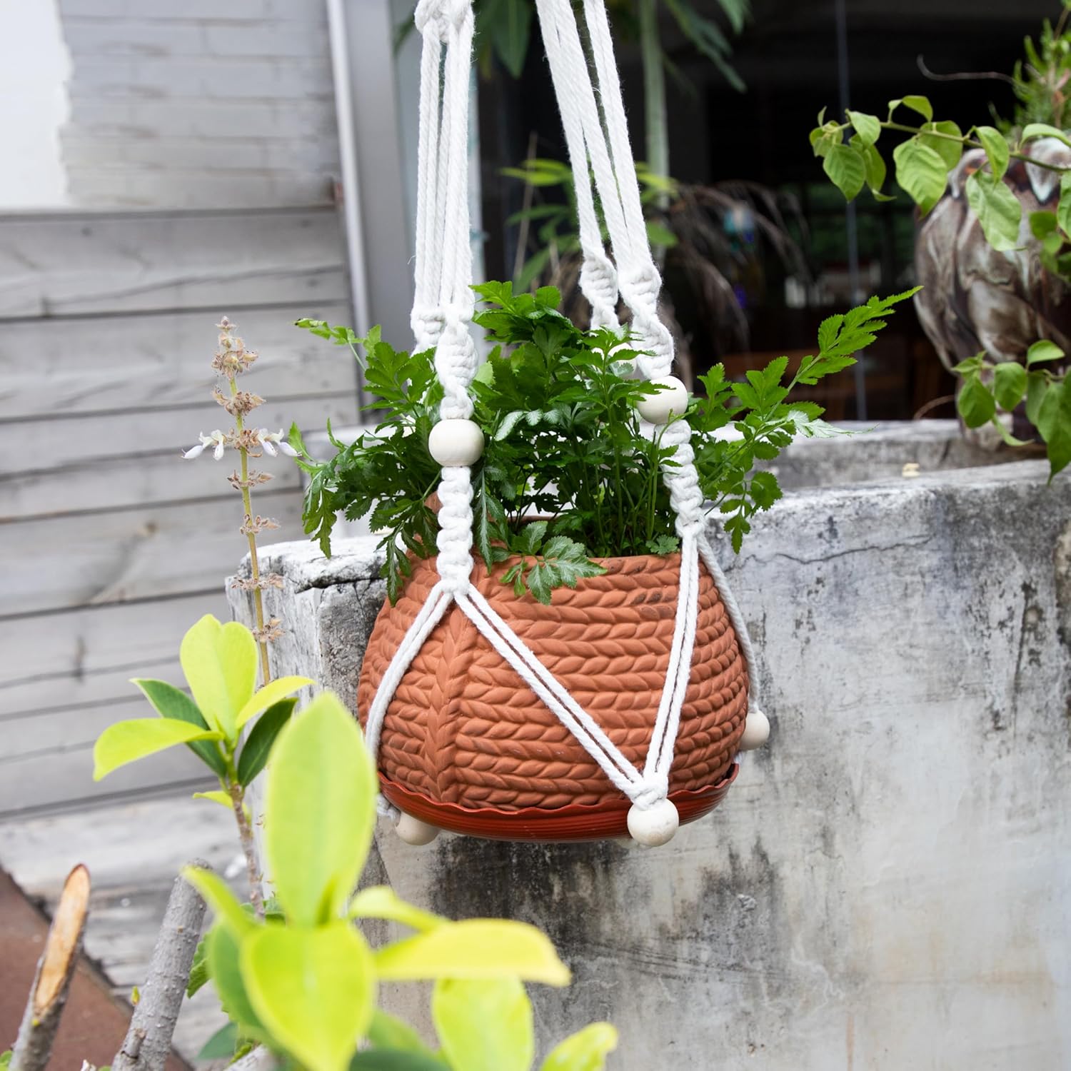 5 Inch Hanging Planter with Macrame Plant Hangers,Set of 2 Clay Hanging Pots for Indoor Outdoor Plants,Small Brown Hanging Flower Baskets with Drainage Hole and Removable Saucer