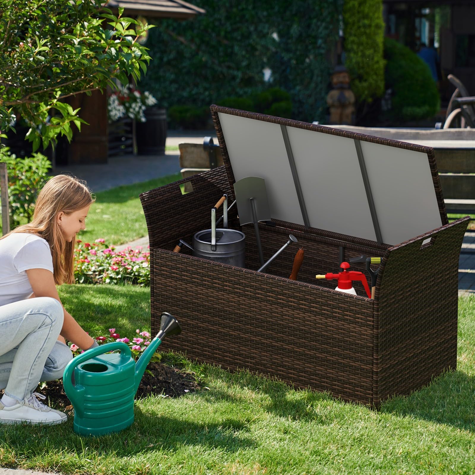 LIFEZEAL Aufbewahrungsbank Rattan, Gartenbank mit abnehmbarem Kissen, seitlichen Griffen, Aufbewahrungstruhe für Schwimmbad, Terrasse, Patio, Garten
