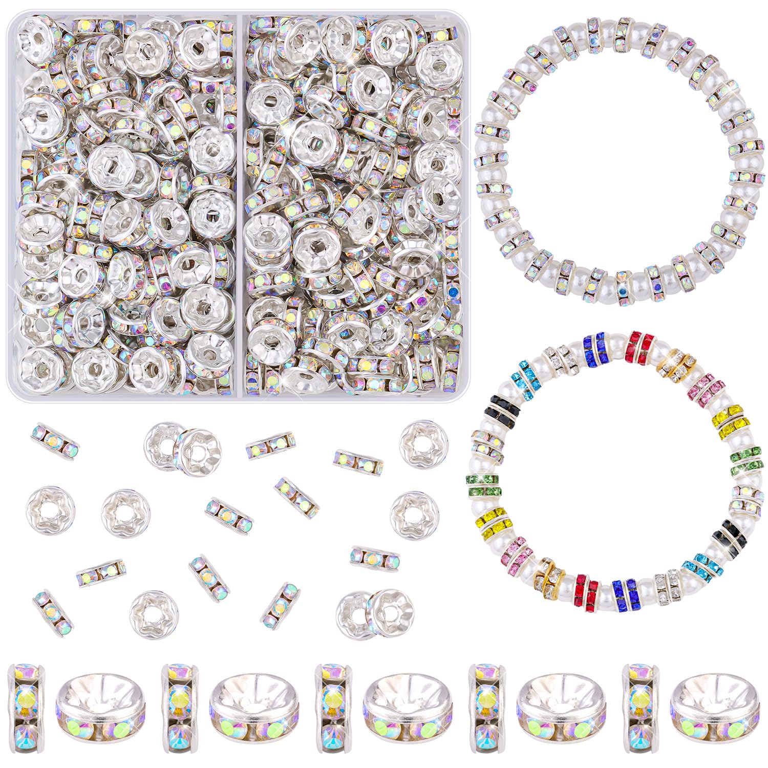 200 pcs 8mm Spacer Beads for Crafting, Crystal AB Rondelle Spacer Beads Bulk, Fancy Sparkle Crystal Rhinestone Spacer Loose Beads for Necklace Bracelet Earring Jewelry Making and Pens DIY Decoration