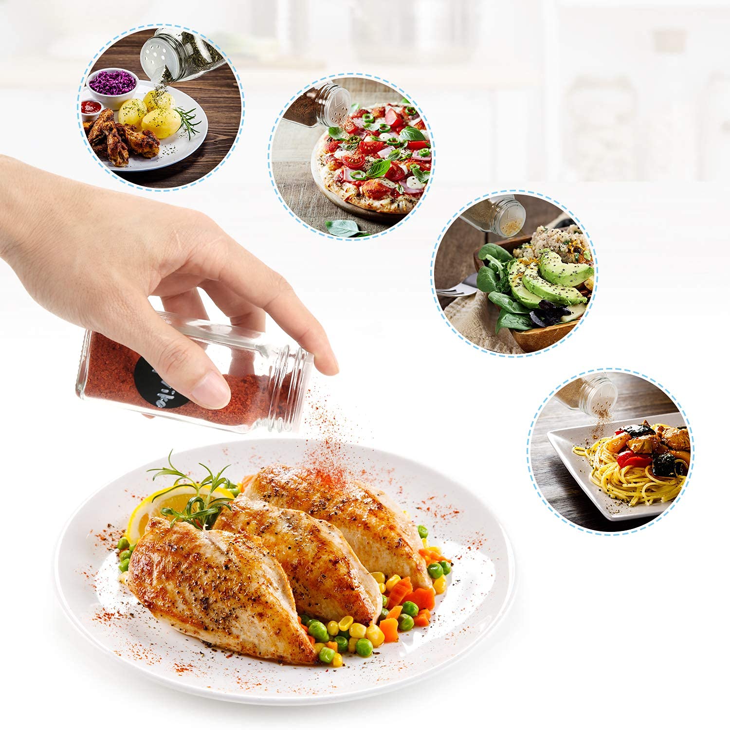 Lot de 12 Bocaux à épices - Récipients en Verre Carrés En Verre Bocaux Epices Avec Etiquettes capacité 120 ml Dessus D'insert Shaker et Entonnoir Bocal Epices Set Epices Cuisine Rangement