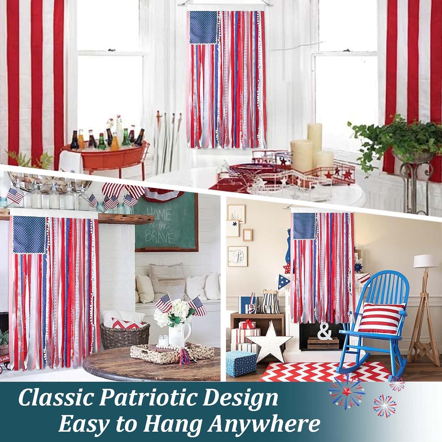4.2x2.3 Ft Ribbon Hanging American Flags for 4th of July Decoration Ribbon Flag Wall Hanging Rag American Flag Banner Patriotic Memorial Day Decor for Indoor Outdoor Home Garden Decor