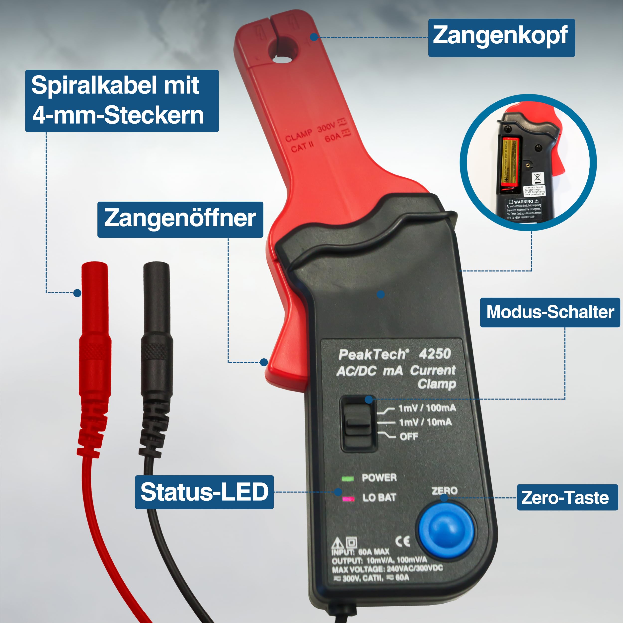PeakTech P 4250 - Adapter cęgów prądowych do Multimetru ~ 60 A AC/DC ~ z wtyczką 4mm