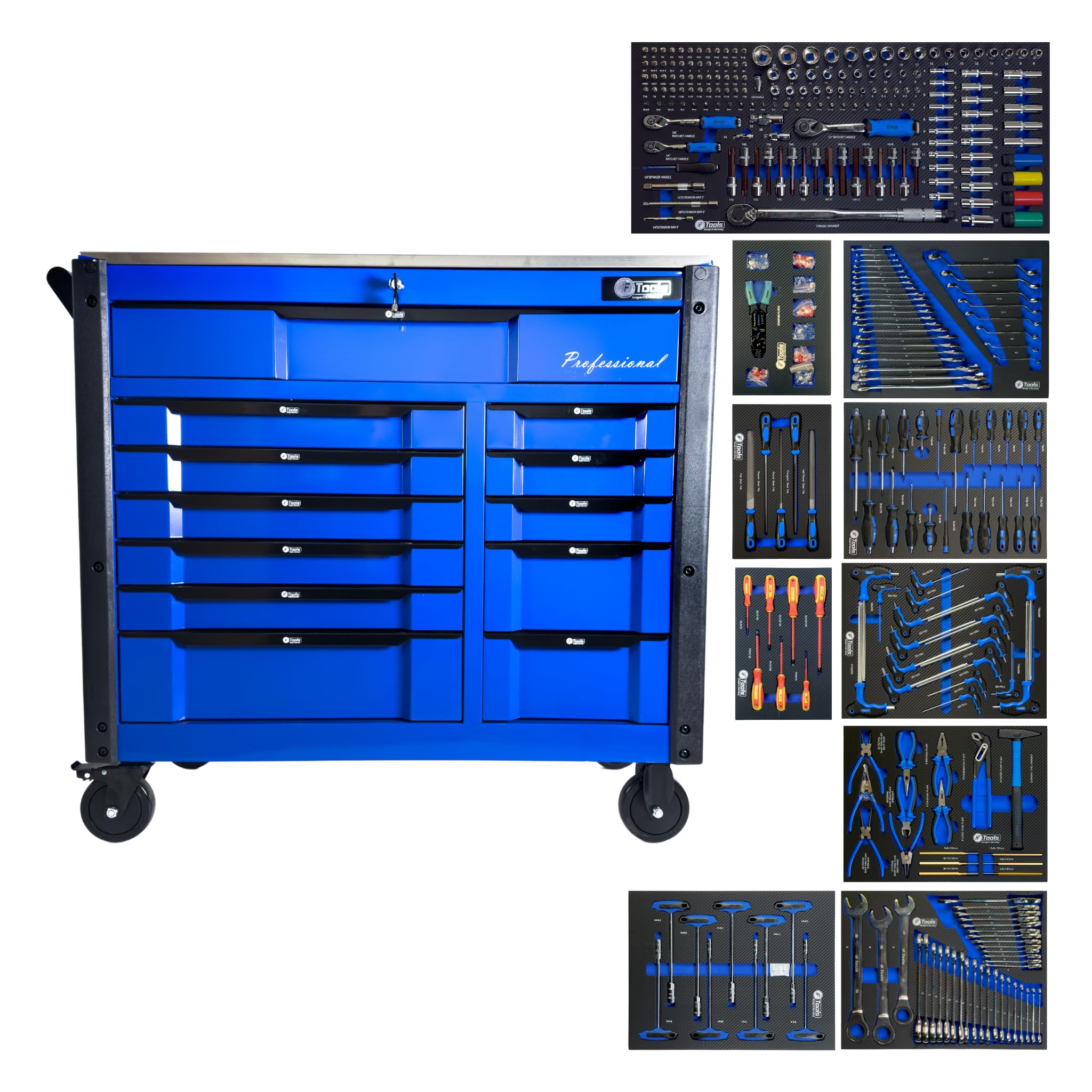 Carrello professionale da officina con 12 cassetti, carrello portautensili con set di attrezzi, blu, richiudibile, con ruote