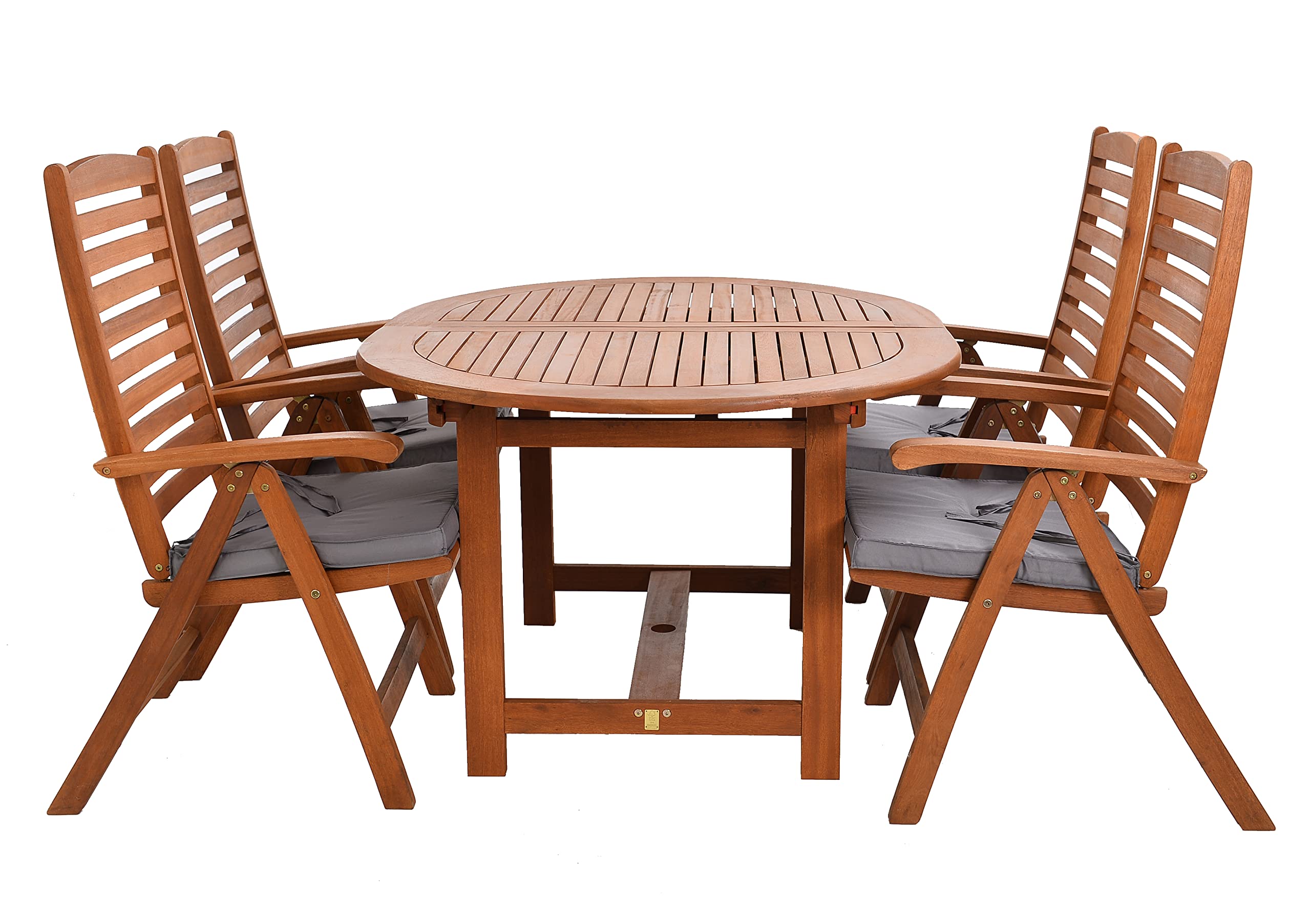 Rattanland Gartenmöbel Set aus Exotenholz FSC-zertifiziertes Eukalyptus - Oldham-Set mit 110 cm breitem Tisch, 4 Eukalyptus-Stühlen und 4 Kissen pro Sitzplatz (graue Kissen)
