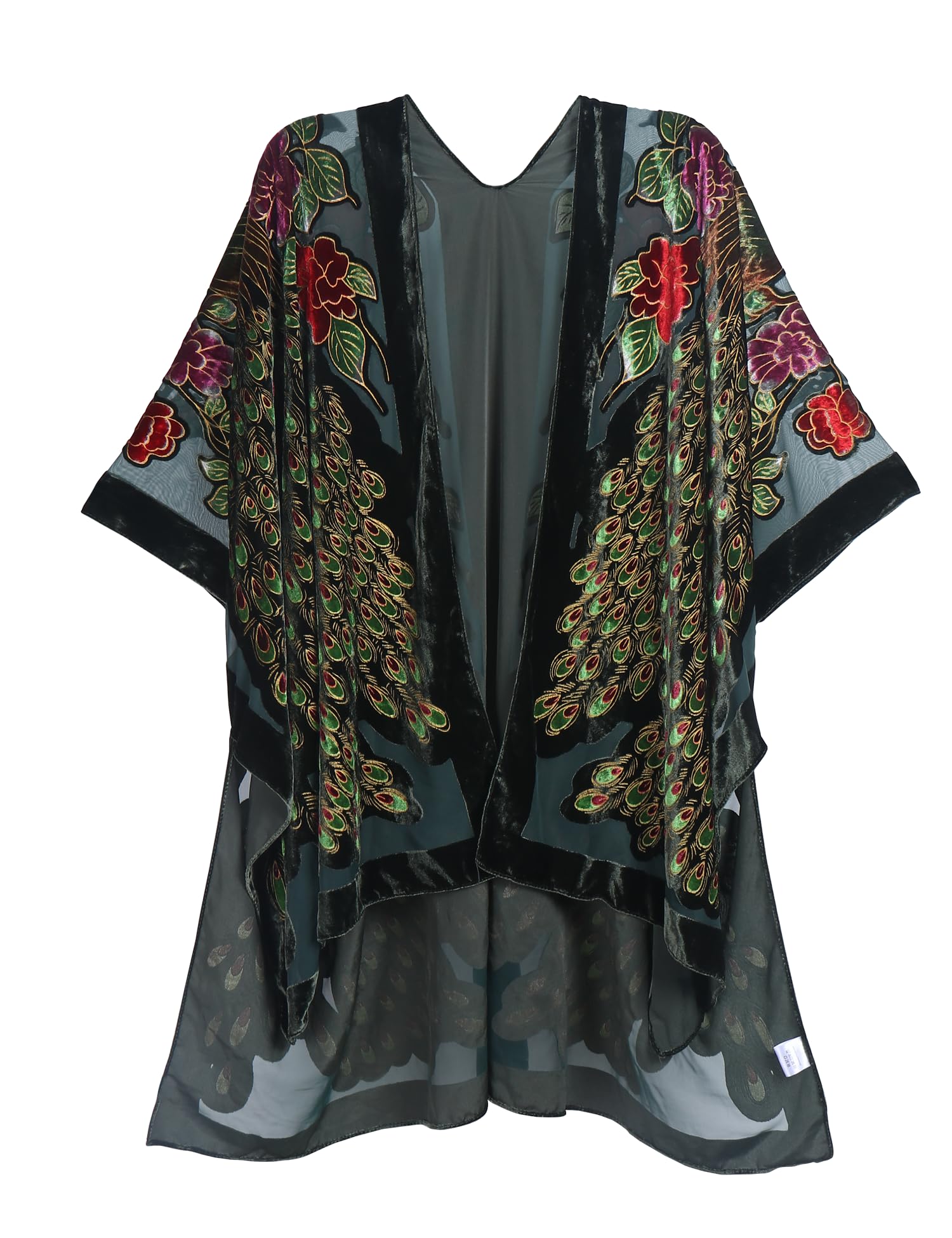 MJ SERECA Womens Burnout Velvet Kimono Long Cardigan Cover Up Casual Outfit Dark Green-Peacock