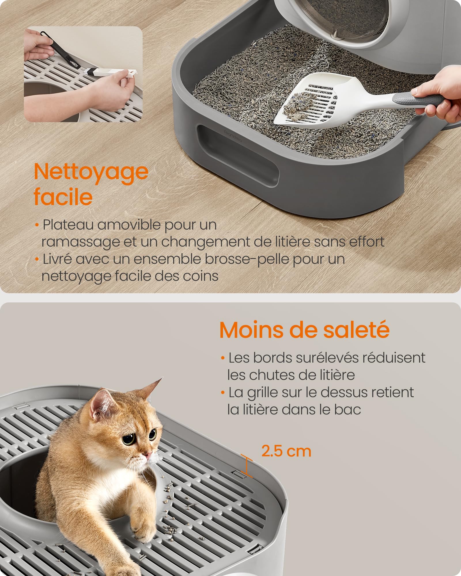 Feandrea Bac à Litière, Litière pour Chat XXL, avec Couvercle, Plateau Amovible, Pelle, Brosse, Espace pour Grands Chats, Moins de Traces, Fond Anti-Fuite, Gris Tourterelle et Gris Ardoise PPT002B01