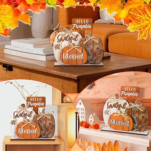 Miniatura 6 de Leinuosen Decoración de otoño con texto en inglés Blessed Grateful Thankful, decoración de Acción de Gracias, centros de mesa de calabaza de granja