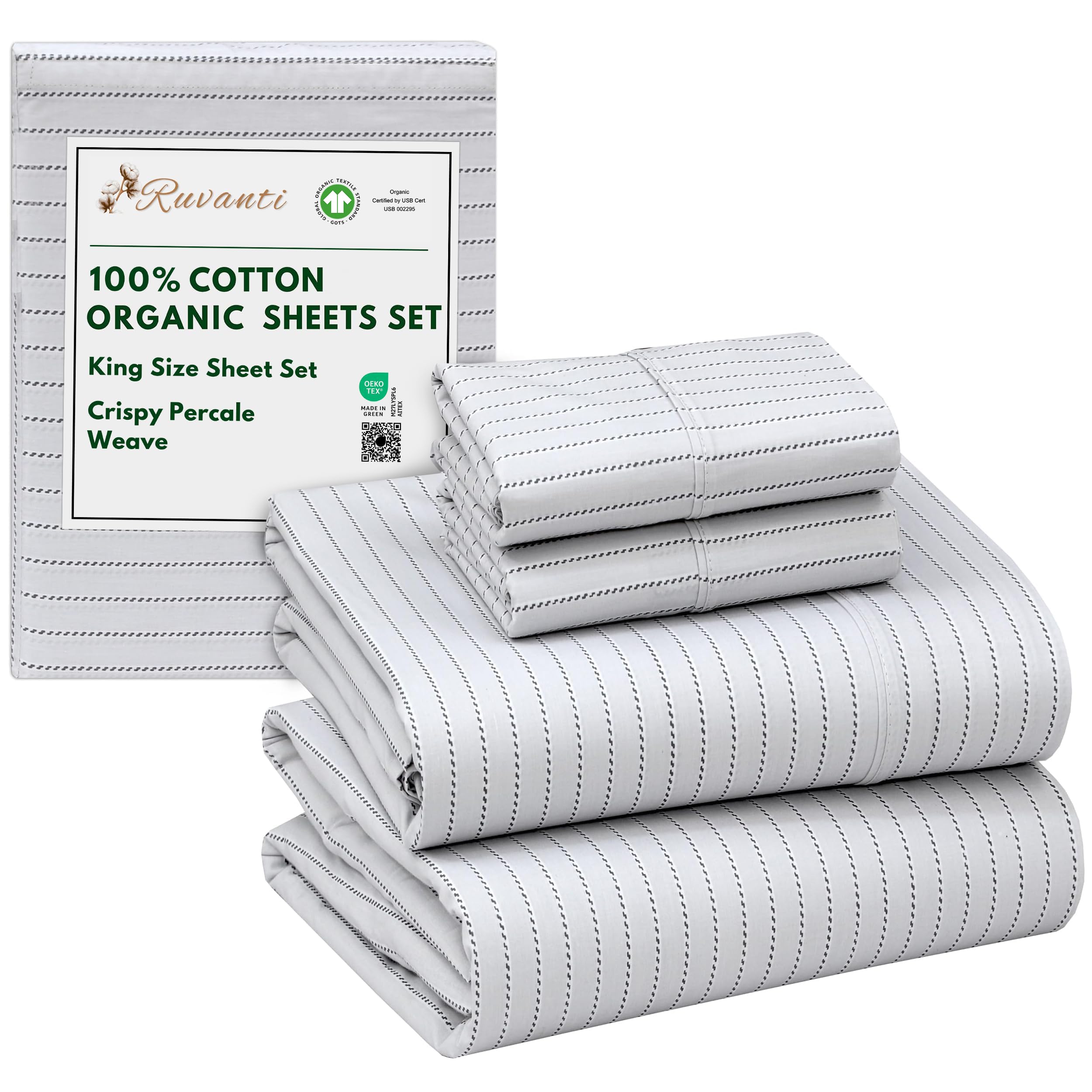 RUVANTI 100% Organic Cotton Sheets King Size, Percale Weave, GOTS Certified, 4-Piece Set, Deep Pocket 15", Crisp & Breathable, Soft Durable Bedding, Sábanas Algodón Orgánico – Construction Line