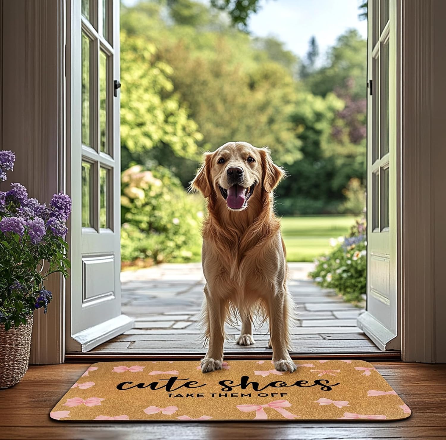 Cute Shoes Take Them Off Welcome Mat – Pink Bow Door Mat, 30×17″ Faux Coir Non-Slip Doormat, Outdoor Entry Rug for Indoor & Outdoor Use, Durable Dirt-Trapping, Housewarming