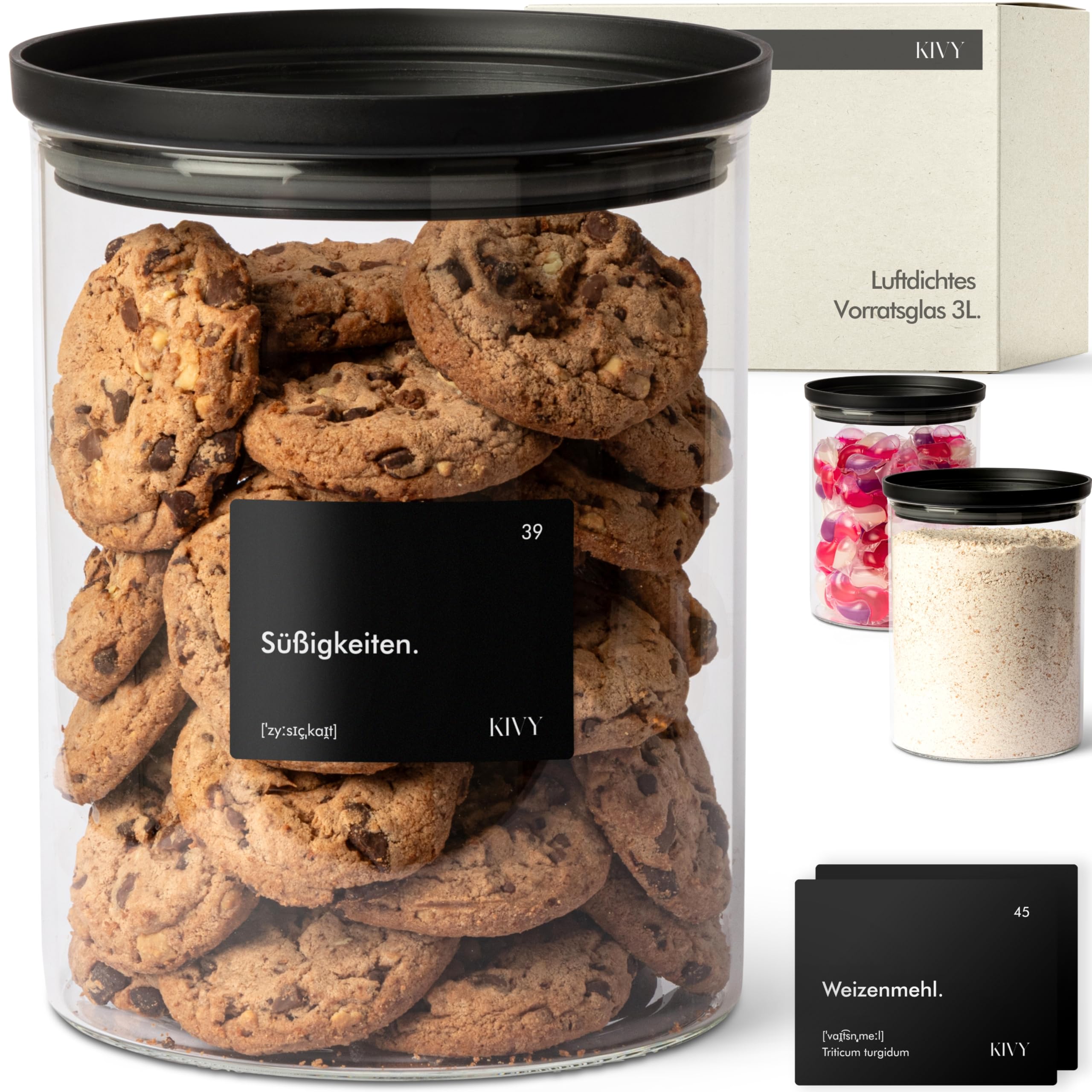 KIVY Großes Vorratsglas Luftdicht 3L mit transparenten Glasdeckel - Für Mehl, Kekse, Süßigkeiten, Waschmittel - Aufbewahrung Glas - Mehl Aufbewahrung Glas - Aufbewahrungsbox - Keksdose