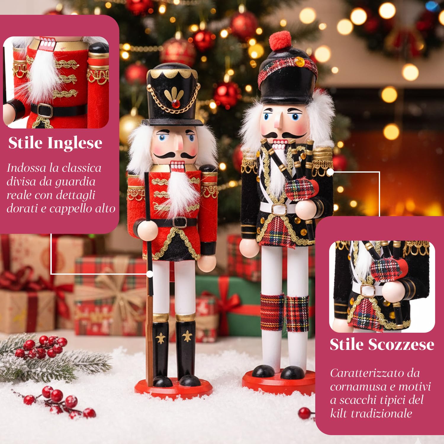 Avilia – Schiaccianoci Natalizi in Legno Dipinti a Mano Set 2 Pezzi per Decorazioni Natalizie Tradizionali e Addobbi per la Casa, Ideali per Tavolo Camino e Regalo di Natale Unico