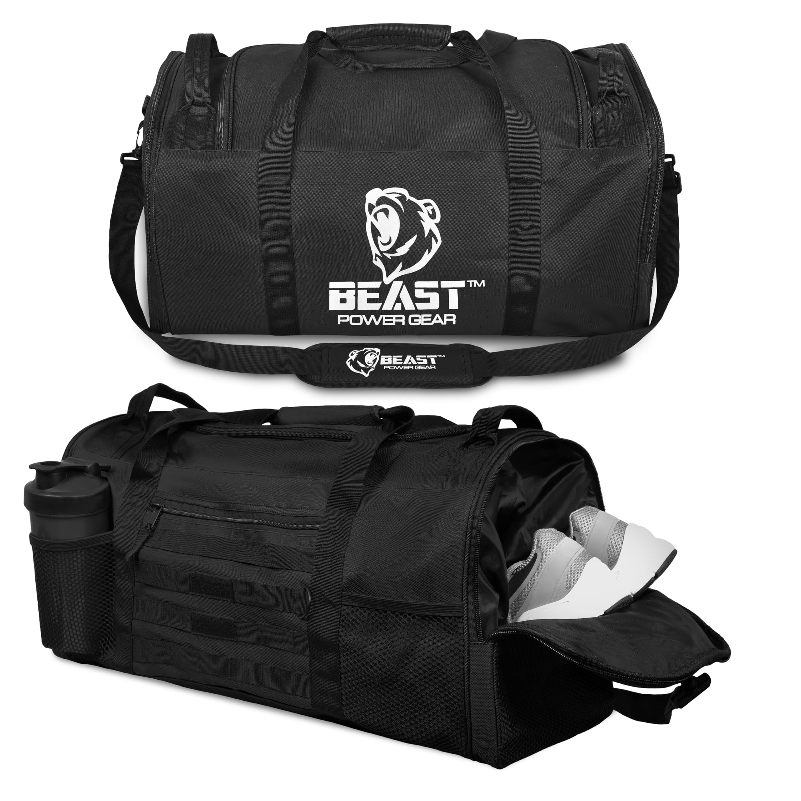 Beast Power Gear Gym Duffle Bag- Workout, Boxing, MMA, Sports Bag with Shoes Compartment and Adjustable Shoulder Strap for Men and Women, Black, L, Duffle