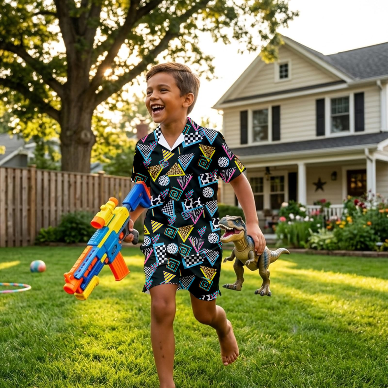 SEA - Conjunto hawaiano de 2 piezas para niños, camisas con botones y forro de compresión para playa y verano