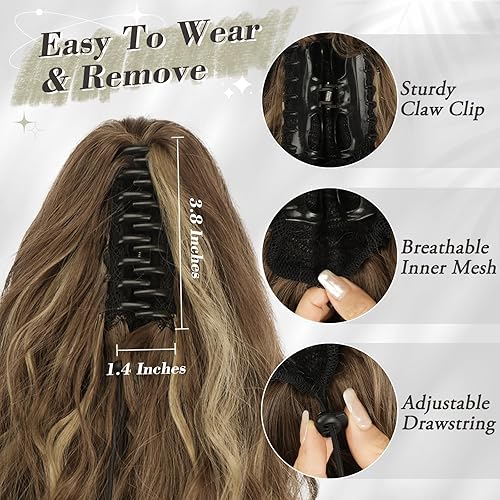 Miniatura 4 de BARSDAR Extensión de cola de caballo con reflejos, extensiones de cola de caballo de 18 pulgadas con clip de garra para mujer, rizadas, onduladas,