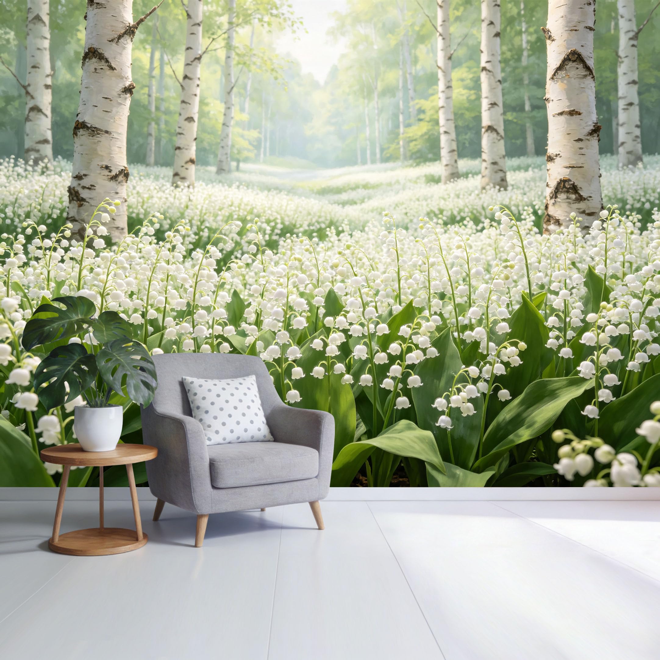 Custom Size Wall Mural Birch Forest Valley Lily of the Valley Botanical Landscape Green Nature Scene SelfAdhesive Wall Fabric Removable Wallpaper for Home Office Decor