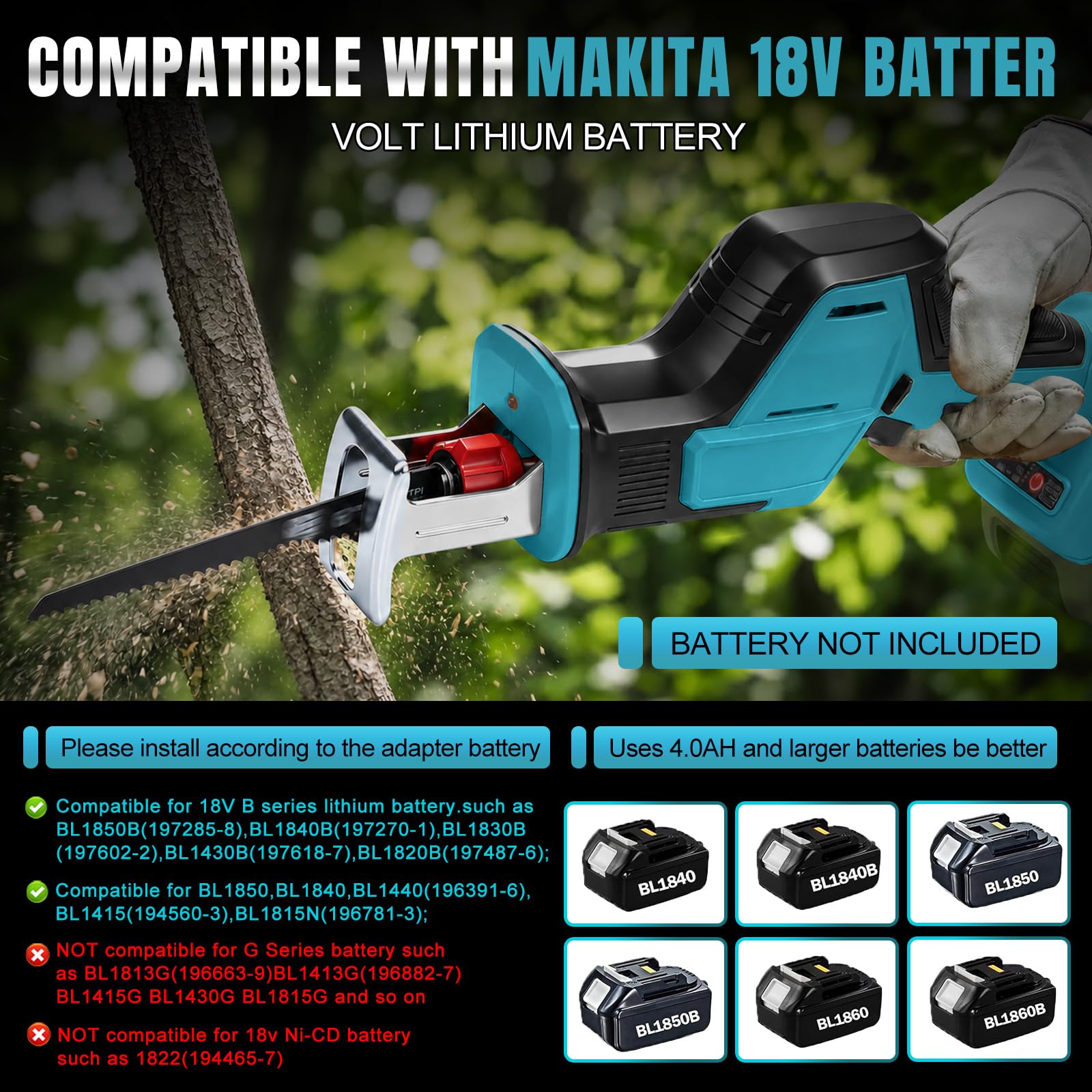Sierra Sable Inalámbrica con 4 Hojas para Makita 18V (sin Batería) | 600W, Sierra Sable sin Escobillas, con Luz LED, Maletín, para Cortar Madera y PVC