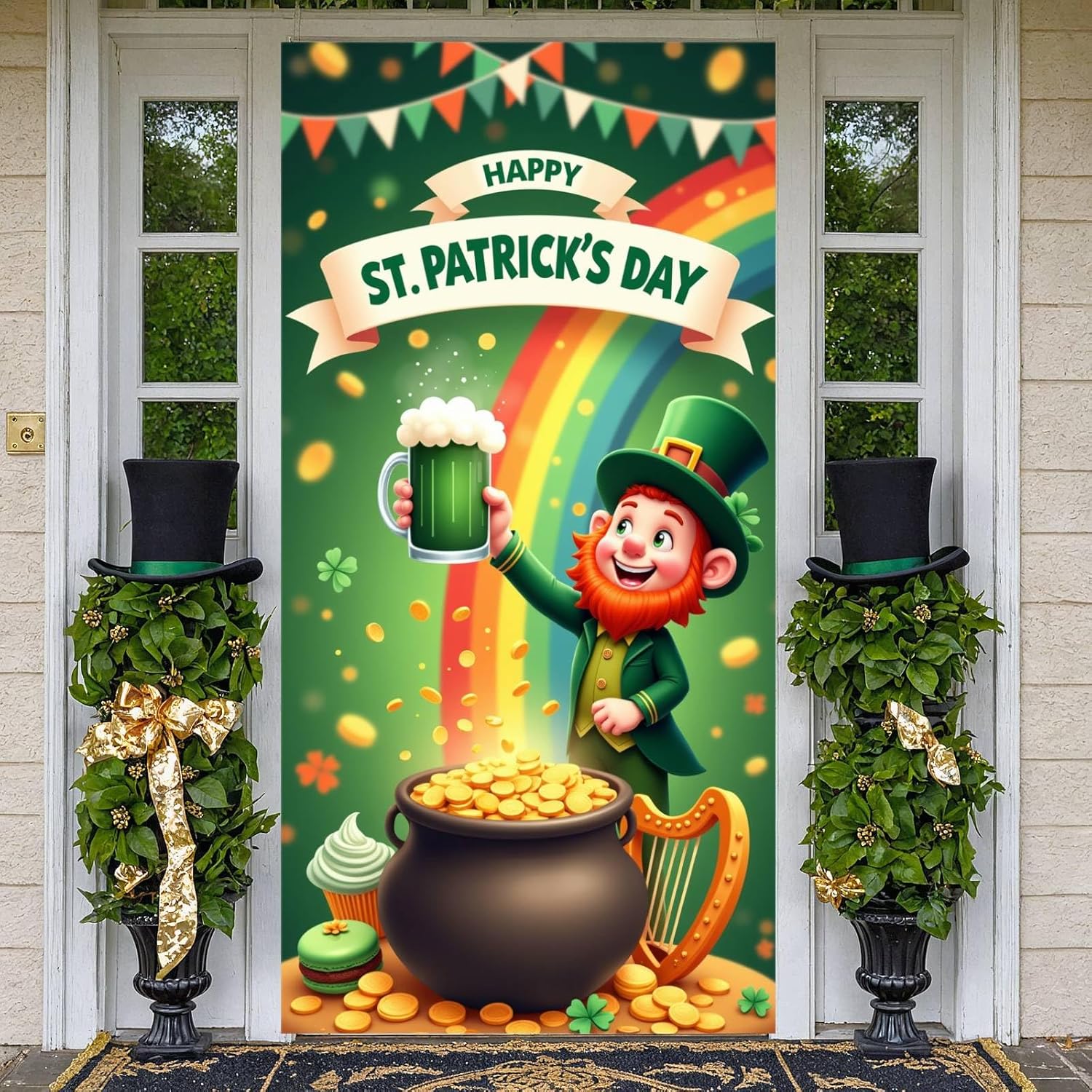 St Patricks Day Door Cover Decoration St. Patrick's Day Clover Door Banner Fairy Gold Coin Jar Background Banner for Saint Patrick's Party Home Supplies Decor