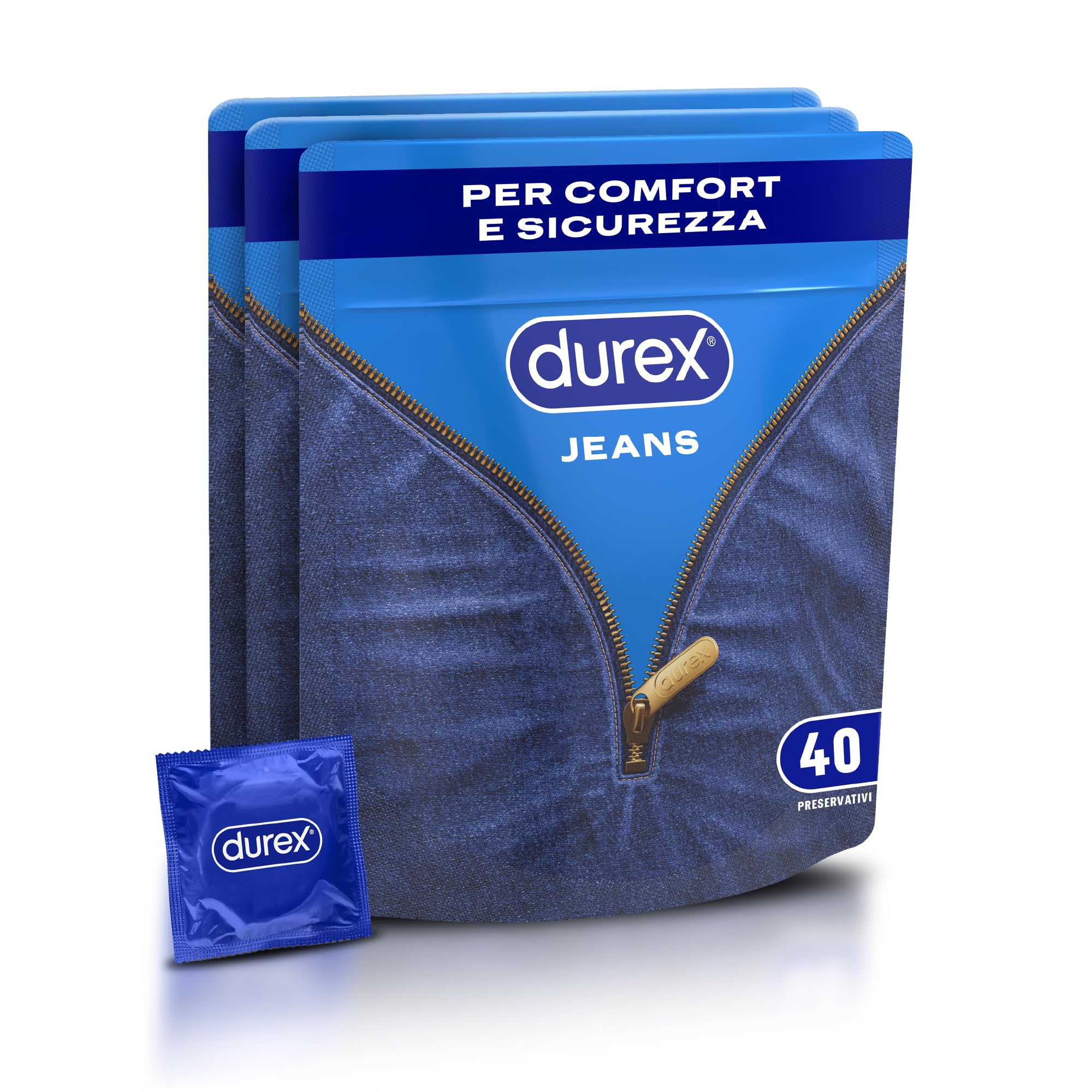Durex Settebello Jeans, Preservativi Durex Classici, Formato Convenienza, Vestibilità Regular, 120 Profilattici