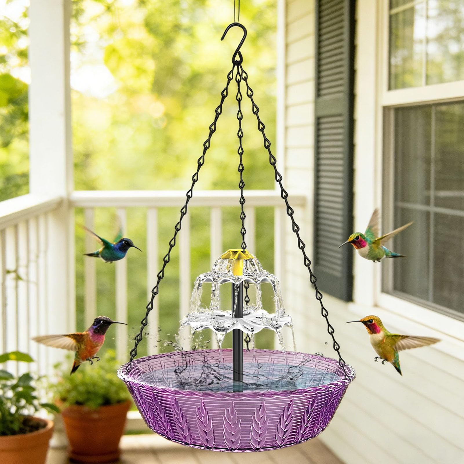 Solar-Hänge-Vogelbadbrunnen für den Außenbereich, 3-lagige kaskadierende Vogelbadschale aus Kunststoff mit Solarsprudler, Flache oder hängende Platzierung für den