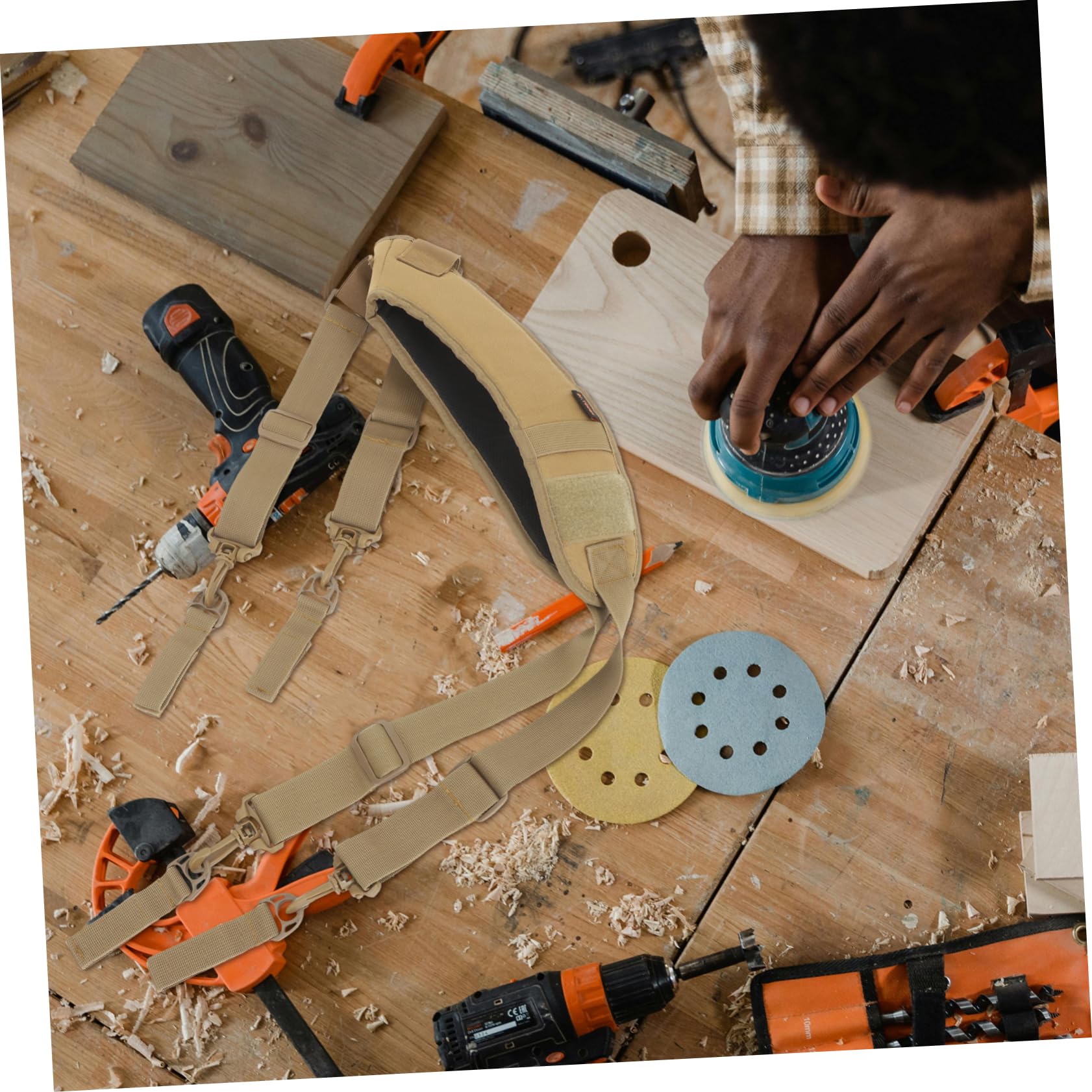 Tofficu Bretelles de Ceinture à Outils Rembourrées en Nylon Kaki, Harnais de Travail Réglable pour Électricien et Charpentier, Chantier