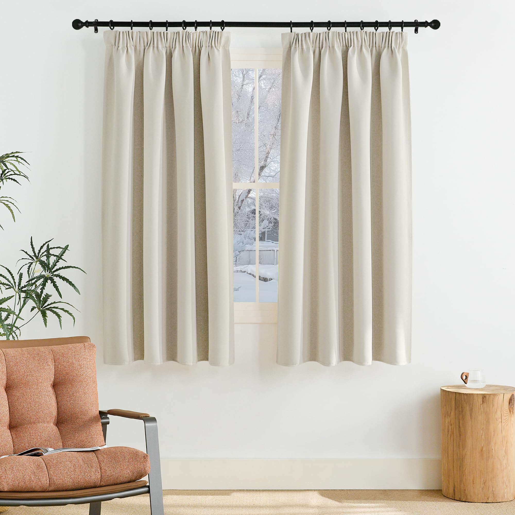 PONY DANCE Cortinas Dormitorio Cortas 2 Piezas,Cortinas Opacas Termicas Aislantes, Curtains Blackout para Rieles con Gnchos de Cocina Comedor,140x145cm,Beige Claro Global Recycled Standard OEKO-TEX STANDARD 100 Global Recycled Standard Global Recycled Standard