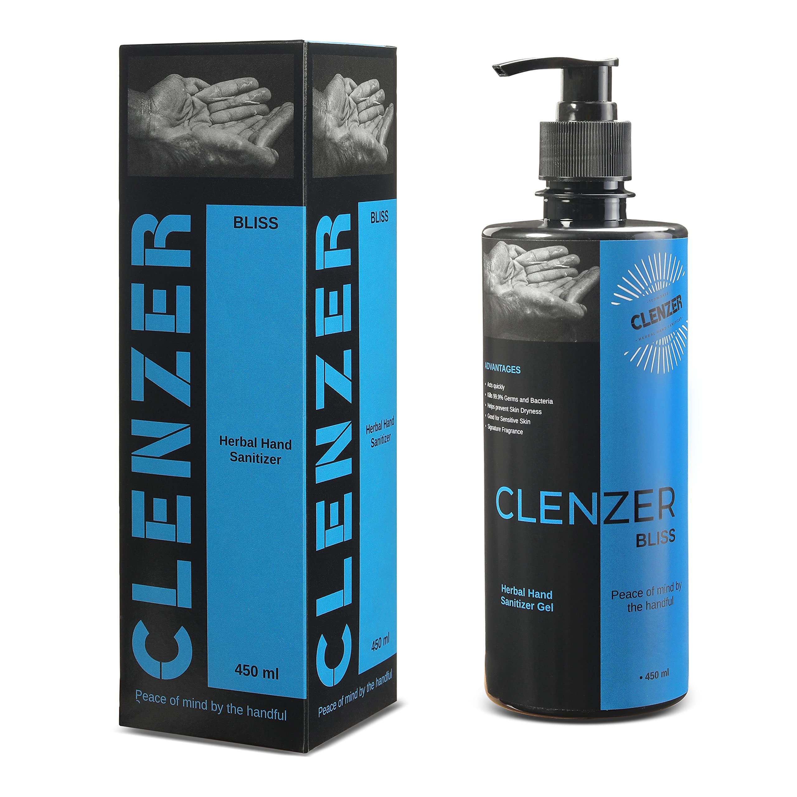 Clenzer BLISS Herbal Hand Sanitizer Gel - 75% Ethyl Alcohol, Kills 99.9% Bacteria & Germs, Prevents Skin Dryness, Signature Aqua Fragrance, No Parabens, No Sulphates, No Color (450 ml) (B09TH4S97W) Amazon Price History, Amazon Price Tracker