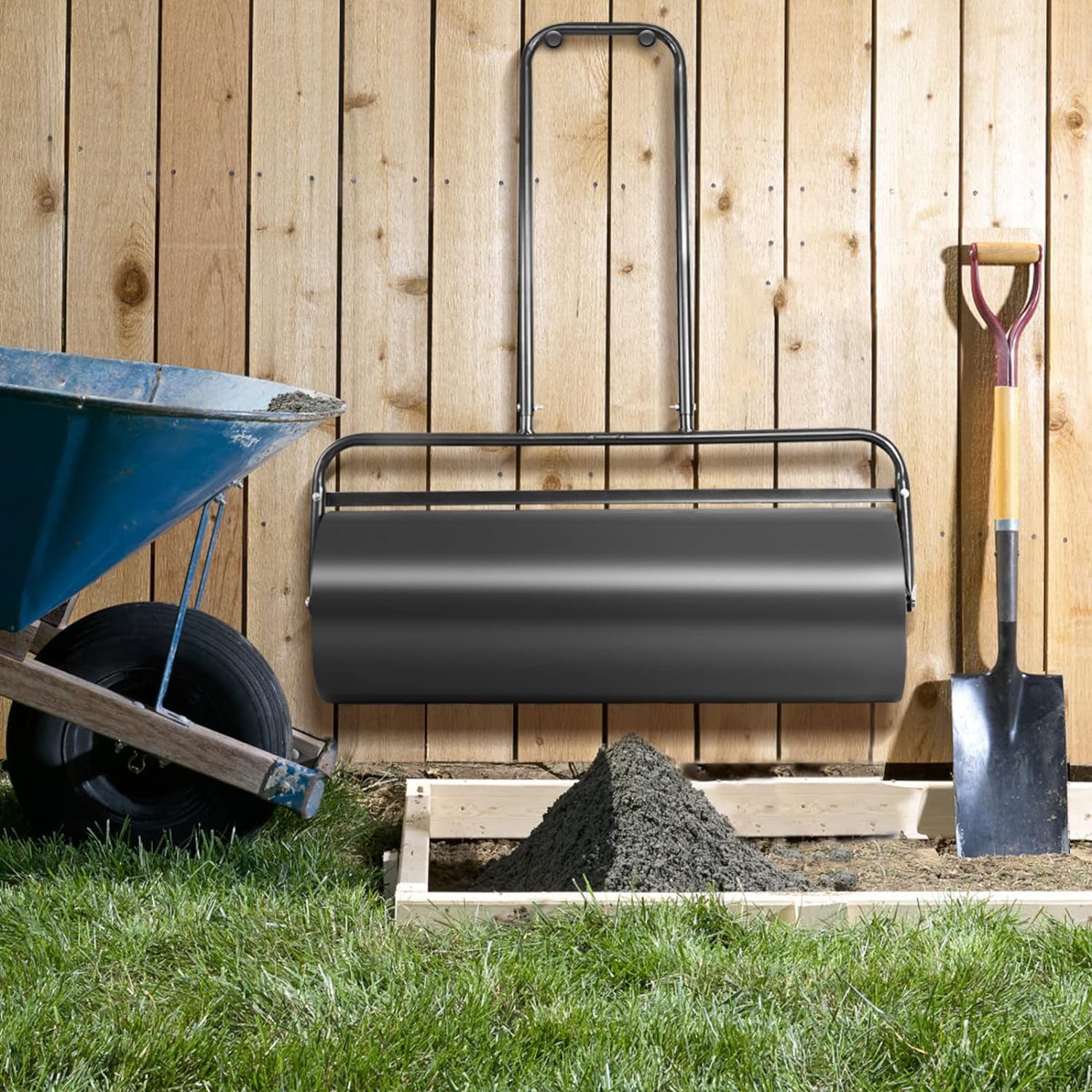 GOPLUS Rodillo de Césped para Jardín de Acero 48 L/63 L, Rodillo Manual Rellenable con Agua o Arena, Apisonadora de Césped (48 L, Negro)