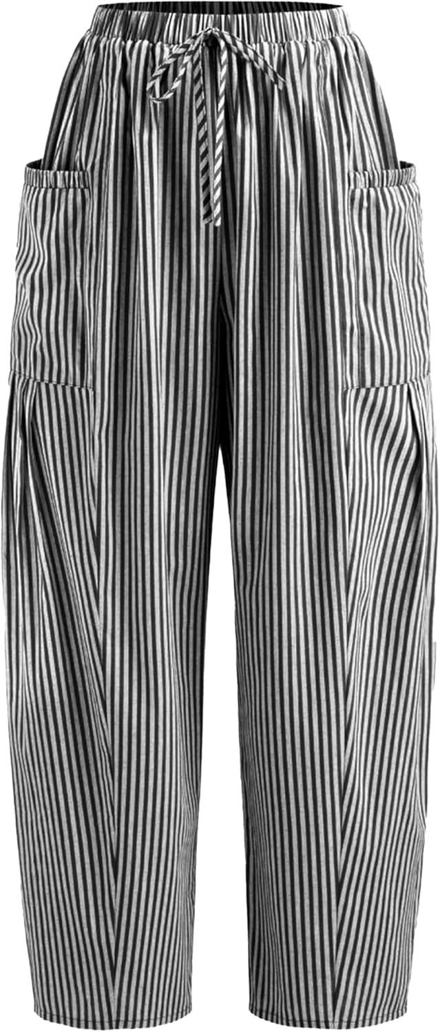 Yeokou Women Wide Leg Pants Casual Striped Cotton Mid Rise Drawstring Palazzo Trousers with Pockets - Image 4