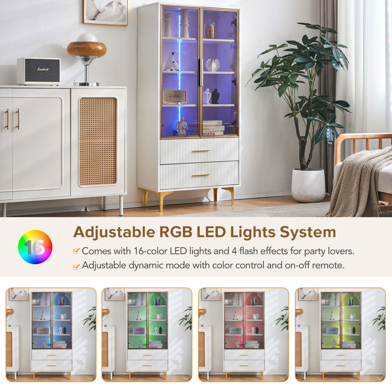 PUGSDRLY Armoire de Vitrine avec Lumières LED,Armoire Chambre avec Porte en Verre,Bibliotheque,Moderne Meubles de Rangement avec Tiroirs pour Cuisine Salon et Bureau,Blanc (B)