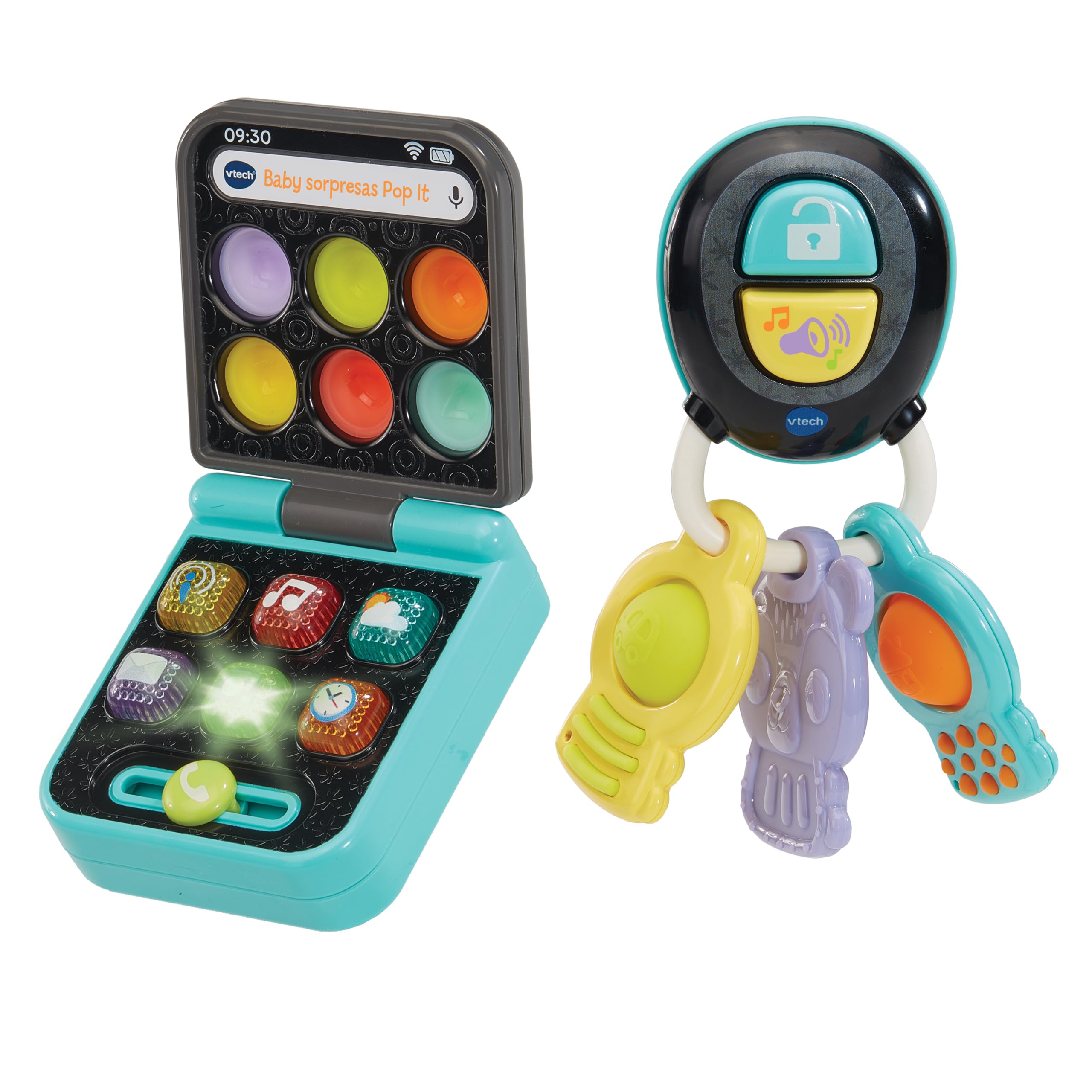 VTech-Baby Baby sorpresas Pop It Teléfono y Llaves, Juguetes interactivos, Diferentes Texturas, Botones Silicona, Motricidad Fina, Regalo bebés +6 Meses, Versión ESP