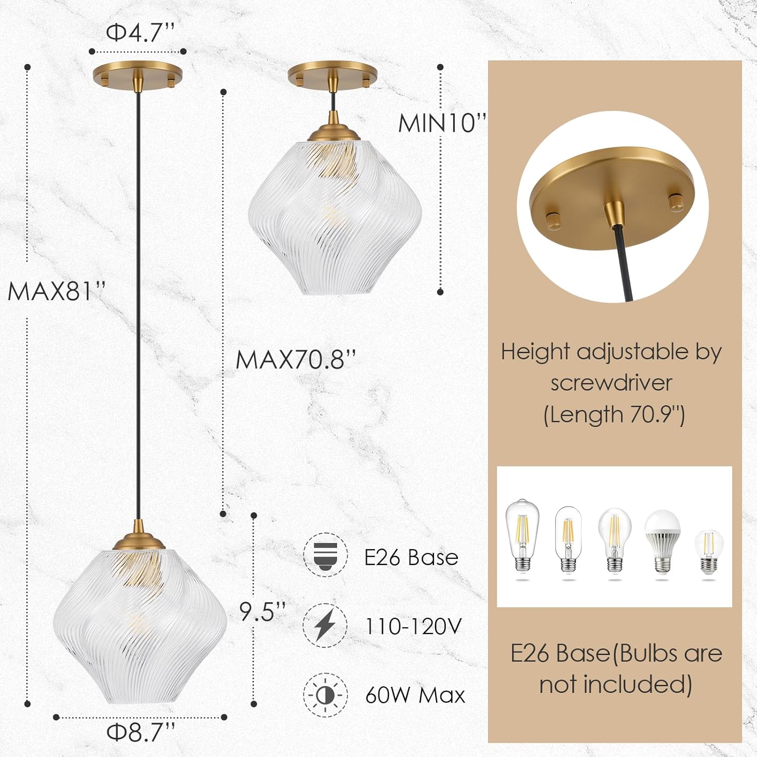 Glass Pendant Light Fixtures, Mid Century Modern Ceiling Hanging Lights with Height Adjustable, Brass Gold Pendant Lighting for Kitchen Island, Hallway, Dining Room, Bedroom (2 Pack)